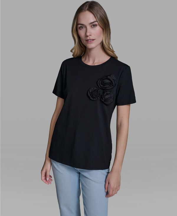 カール ラガーフェルド レディース トップス シャツ クルーネック ニット KARLAGERFELD PARIS Womens Rose Trim Knit Crew Neck Top Black ブ