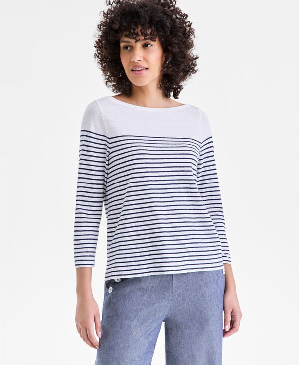 チャータークラブ レディース トップス シャツ リネン Charter Club Womens Linen Blend BoatNeck 34Sleeve Top Navy Stripe ネイビー