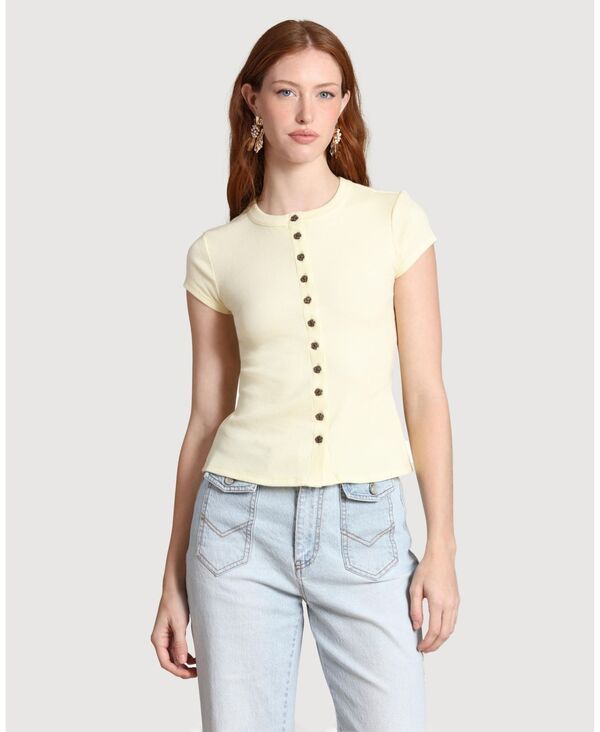 アヴェックレフィーユ レディース トップス シャツ クルーネック Avec Les Filles Womens ButtonFront Crew Neck Top Light Yellow イエロー