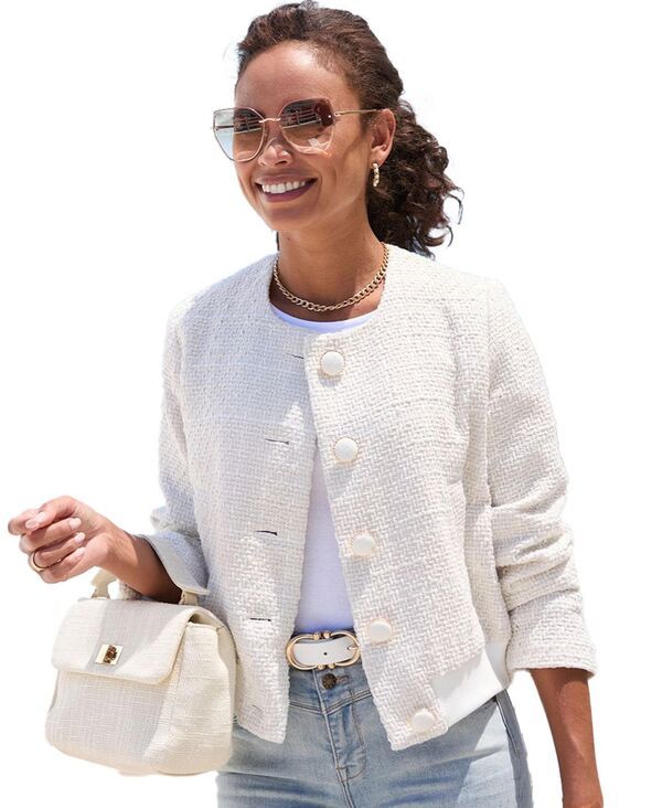 ラスカーナ レディース アウター ジャケット・ブルゾン ツイード LASCANA Womens Round Neckline Button Up Tweed Jacket Ivory アイボリー