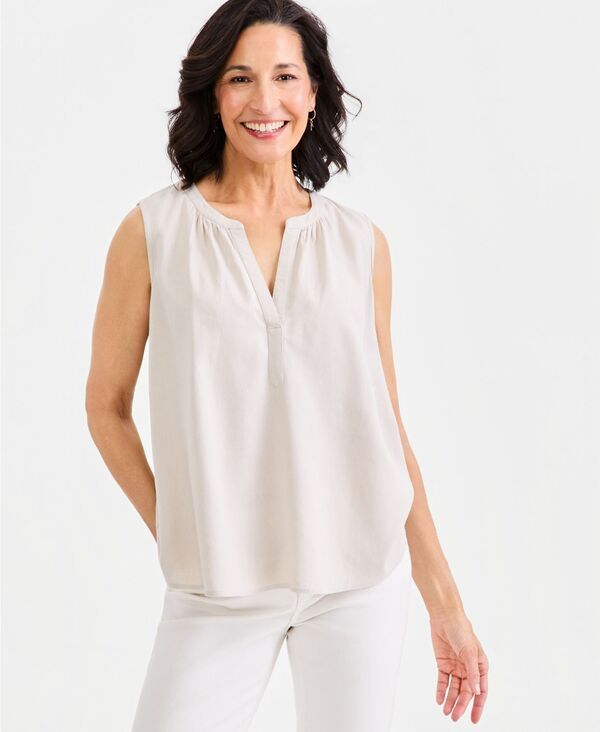 スタイルアンドコー レディース トップス シャツ ノースリーブ リネン Style Co Womens Linen Blend SleevelessplitNeck Top Stone Wall スト