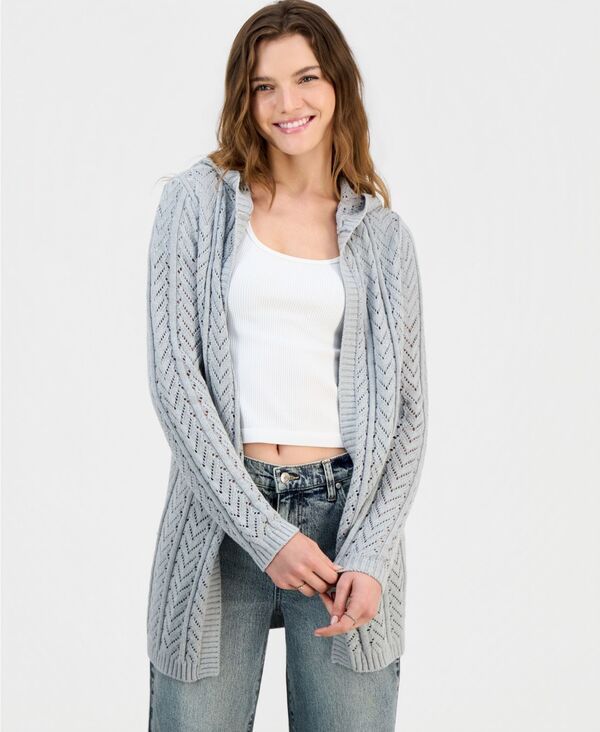 ヒッピーローズ レディース アウター ニット・セーター カーディガン Hippie Rose Juniors OpenFront PointelleKnit Hooded Cardigan Grey