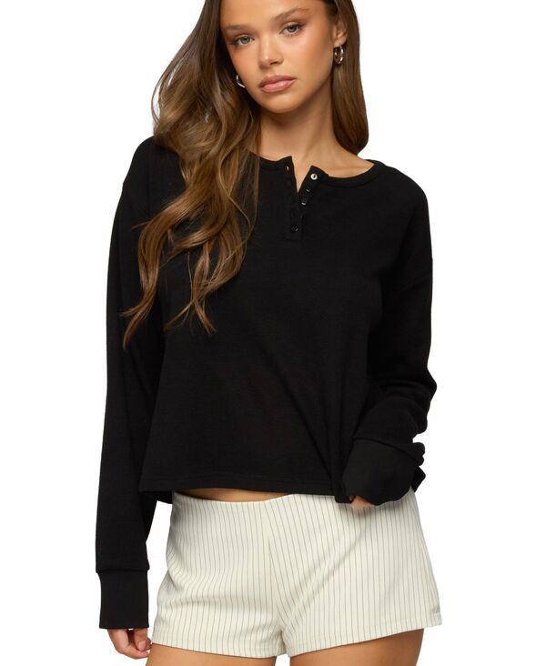 アディクテッド レディース トップス シャツ Edikted Womens Deni Long Sleeve Henley Waffle Top Black ブラック