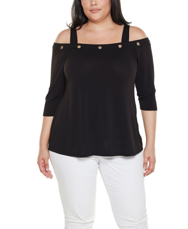ベルディーニ レディース トップス シャツ プラスサイズ Belldini Plusize GrommetTrim Cold Shoulder Top Black Gold ブラック