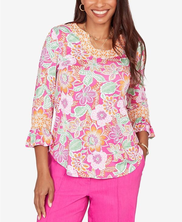 ルビーアールディー レディース トップス シャツ フラワー柄 プチ プリント フリル ニット フラワー Ruby Rd Petite Floral Puff Print RuffleSleeve Kn