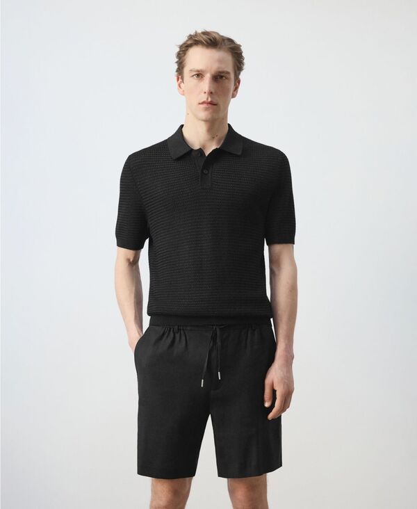 マンゴ メンズ トップス ポロシャツ リブ コットン ニット MANGO Mens FineKnit Ribbed Cotton Polo Shirt Black ブラック