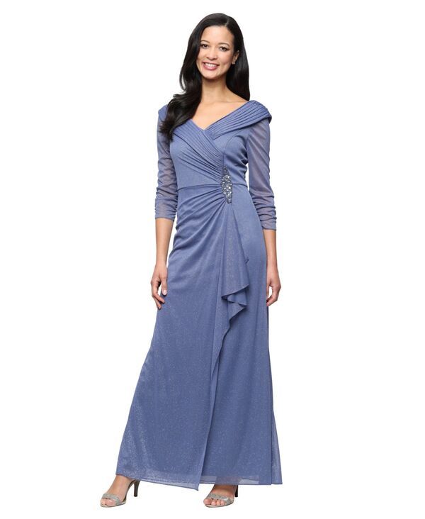 アレックスイブニングス レディース トップス ワンピース Vネック メッシュ Alex Evenings Womens Glitter Mesh Long VNeck Gown DUSTY BLUE