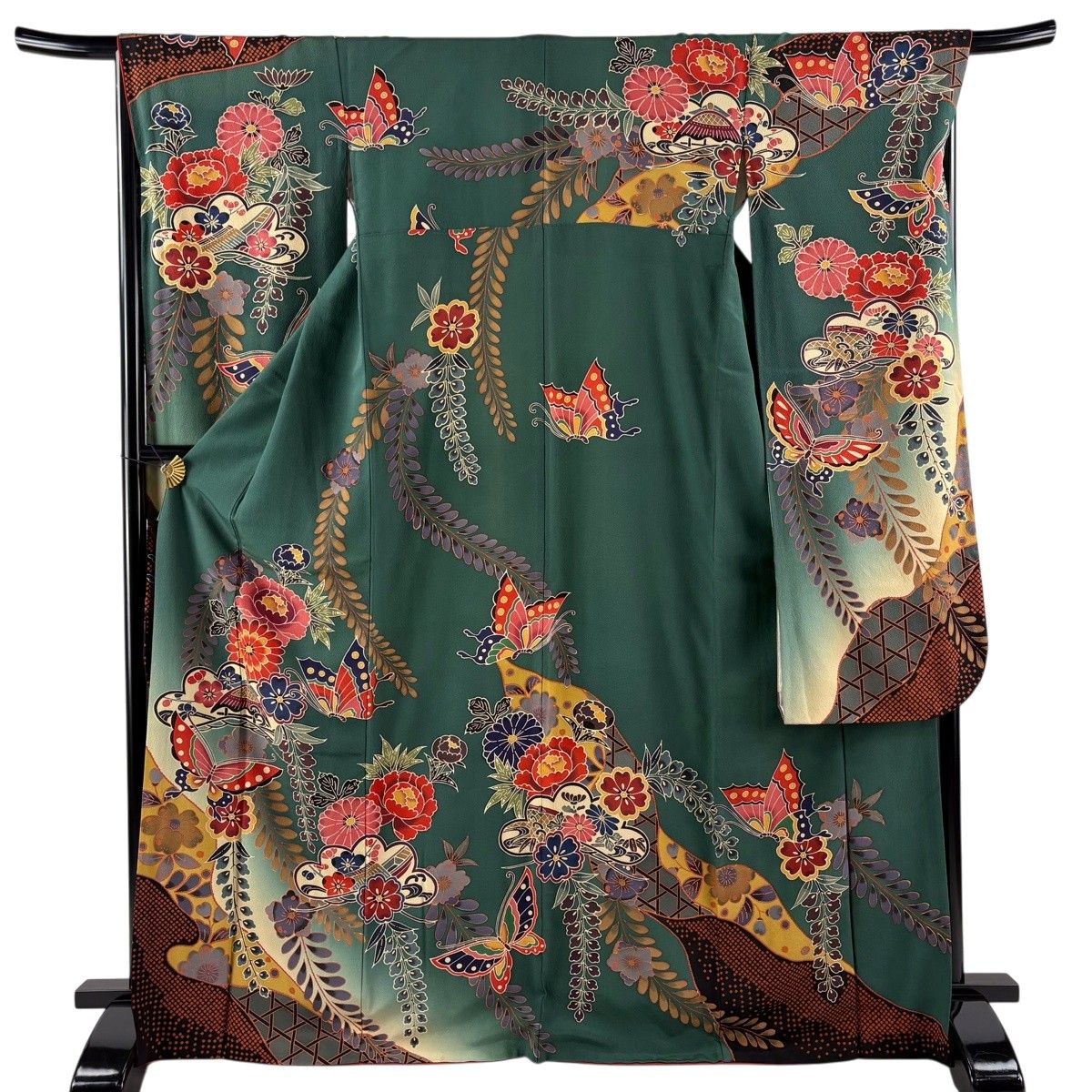振袖 身丈169.5cm 裄丈67.5cm L 袷 蝶 笠松 ぼかし 緑 正絹 名品
