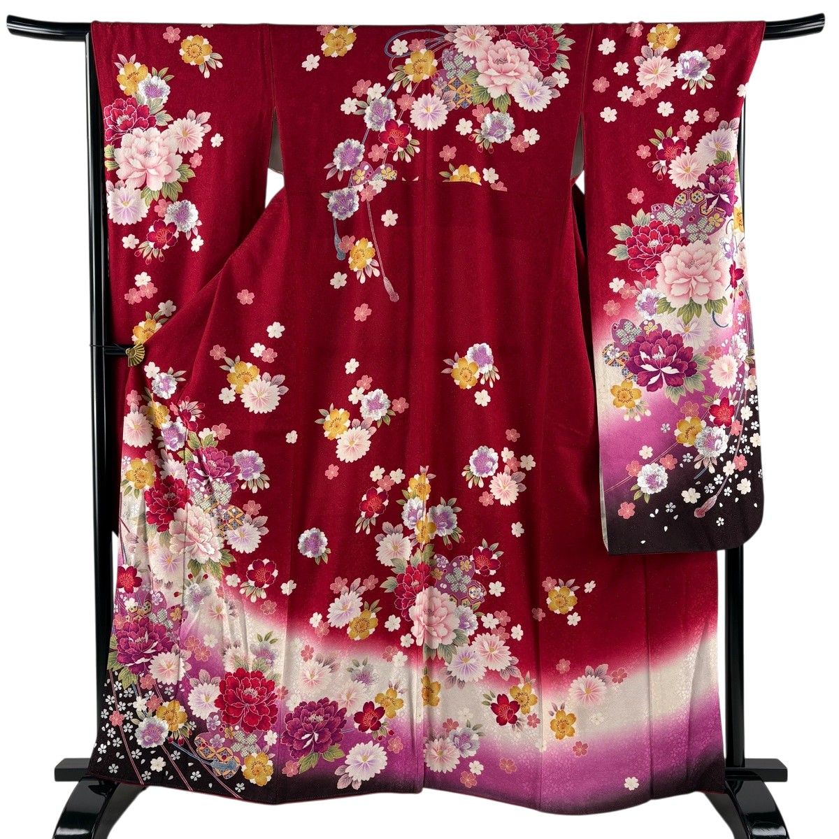 美品】 振袖 身丈162cm 裄丈67cm M 袷 牡丹 桜 銀通し 刺繍 赤 正絹