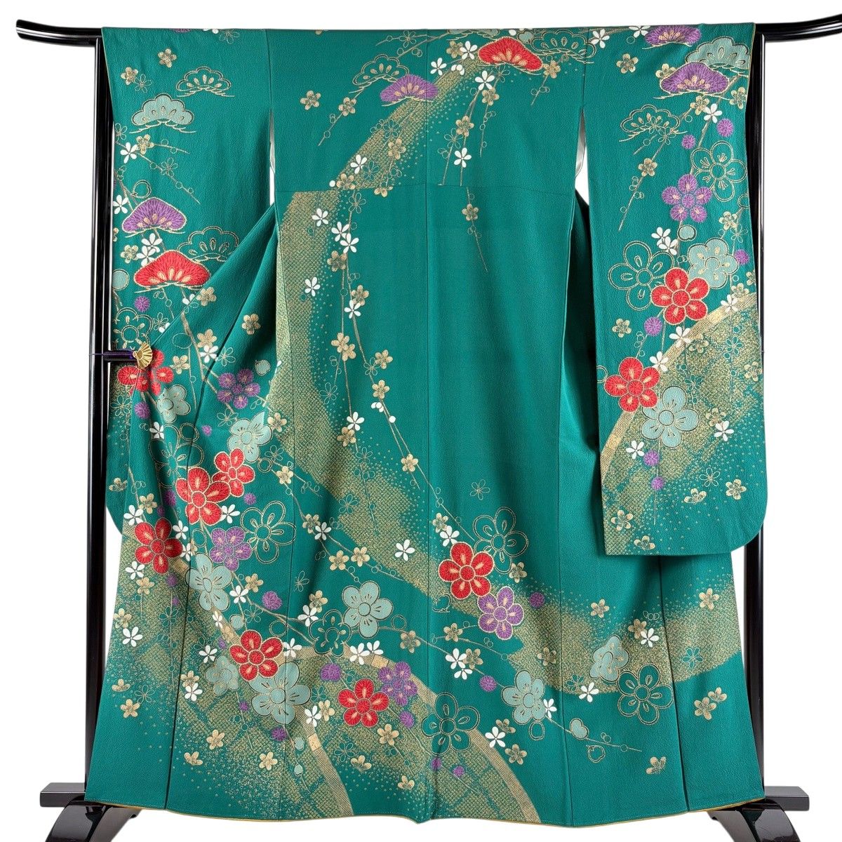 振袖 身丈161.5cm 裄丈64cm M 袷 梅 籬 金彩 縮緬 緑 正絹 名品 【中古