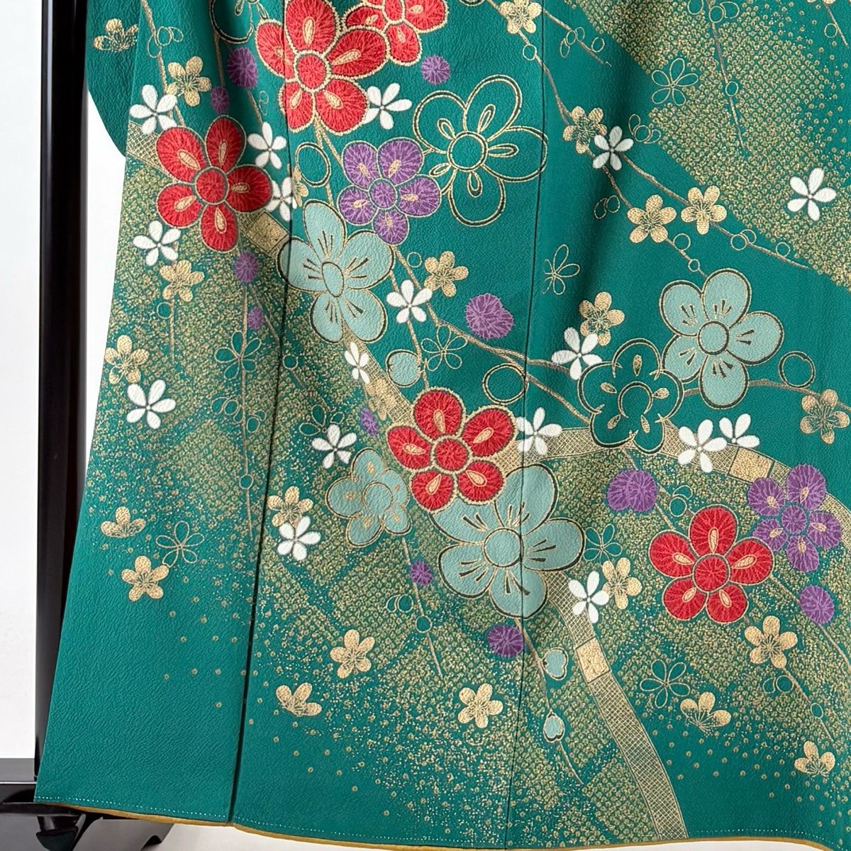 振袖 身丈161.5cm 裄丈64cm M 袷 梅 籬 金彩 縮緬 緑 正絹 名品 【中古