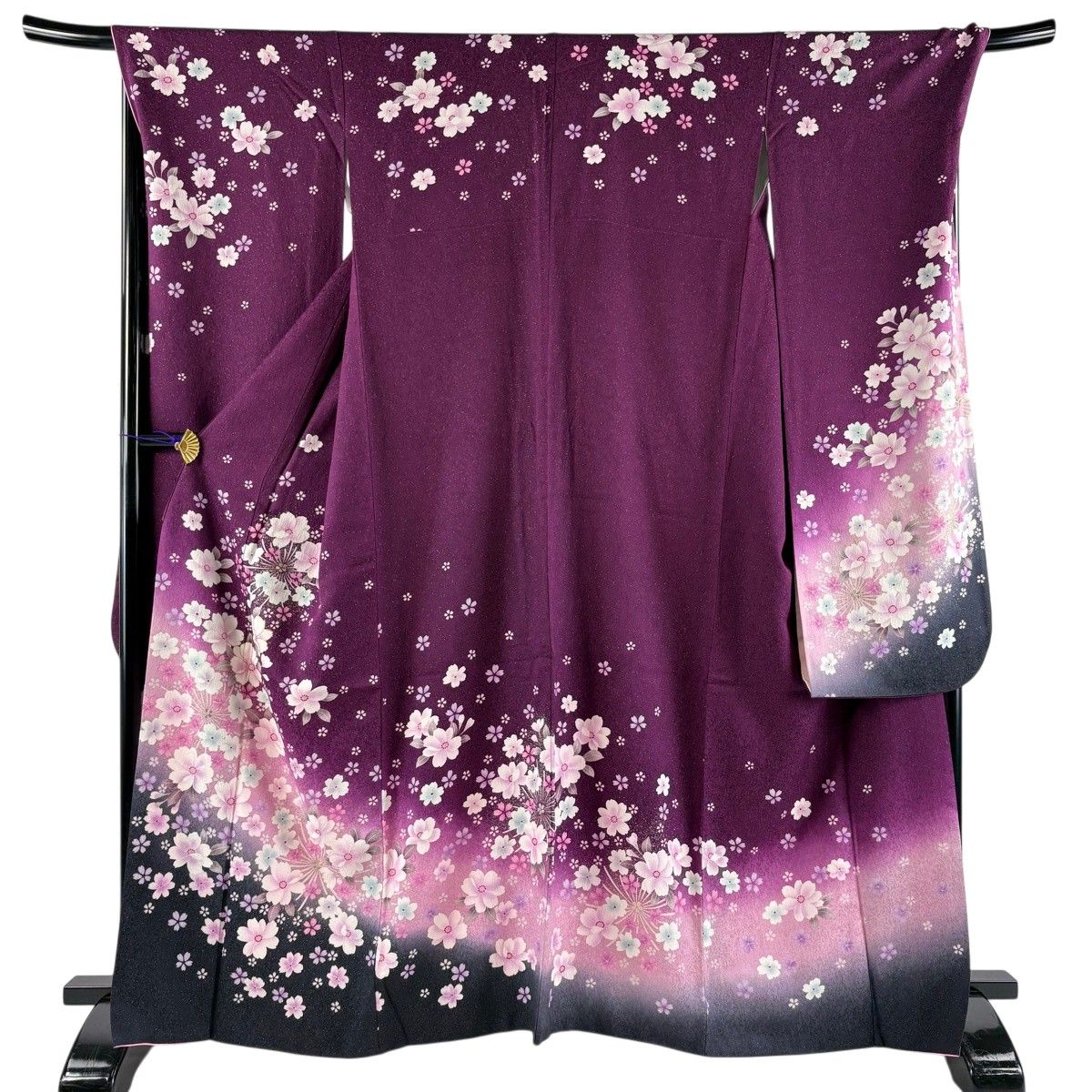 振袖 身丈165cm 裄丈69cm L 袷 桜 花 銀通し 箔 紫 正絹 名品 【中古