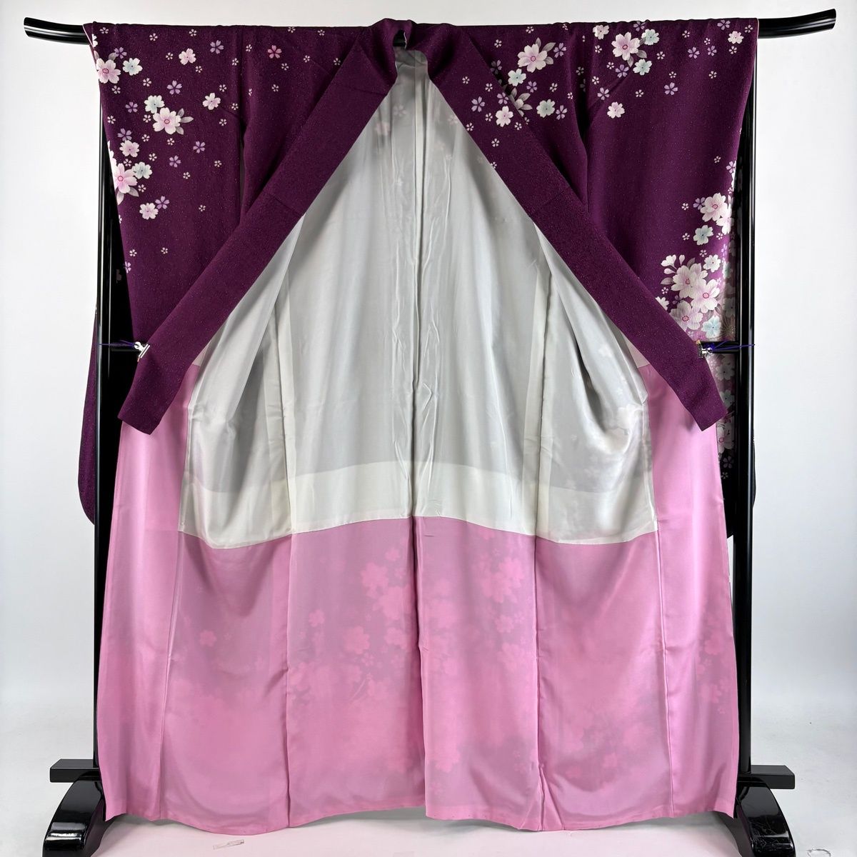 振袖 身丈165cm 裄丈69cm L 袷 桜 花 銀通し 箔 紫 正絹 名品 【中古