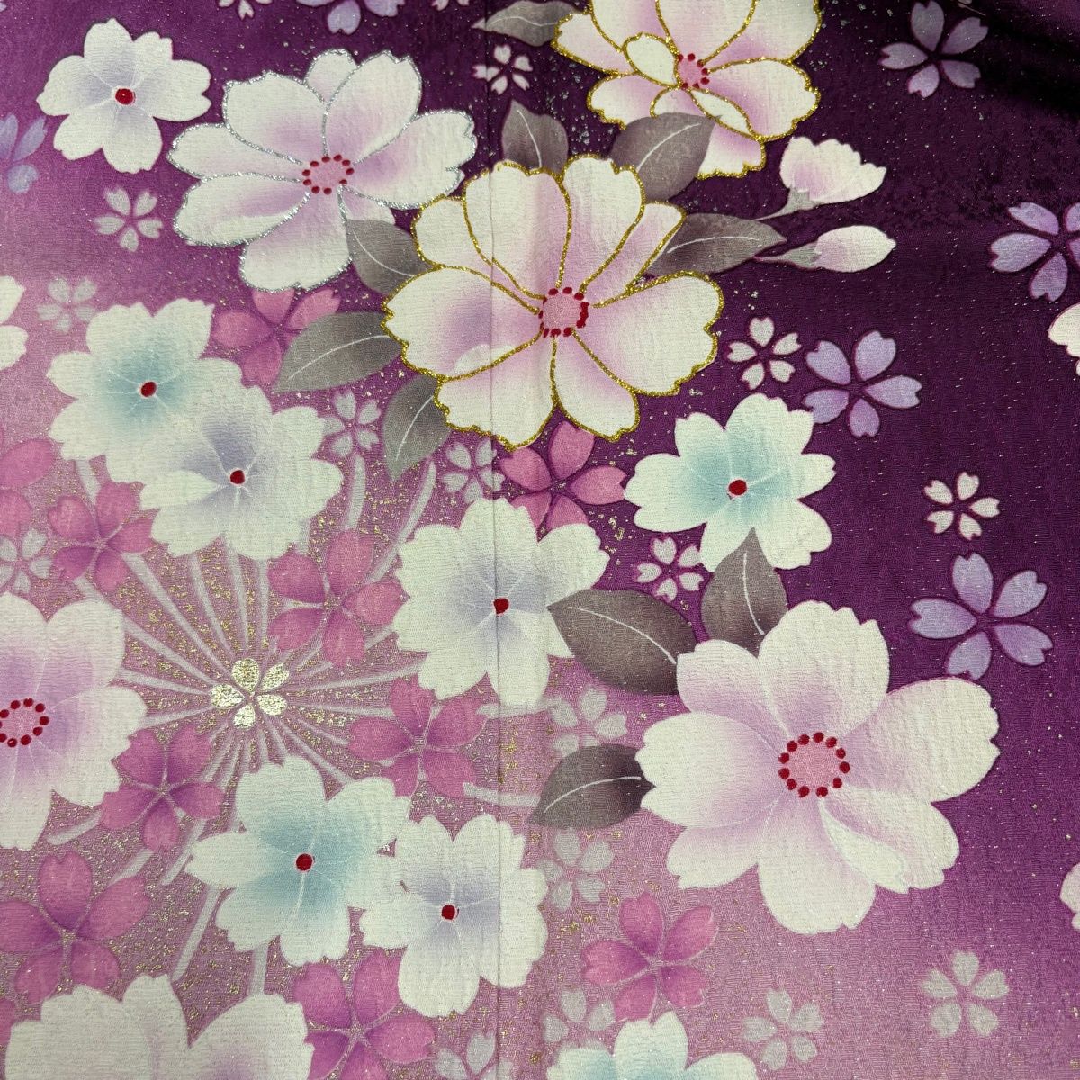 振袖 身丈165cm 裄丈69cm L 袷 桜 花 銀通し 箔 紫 正絹 名品 【中古