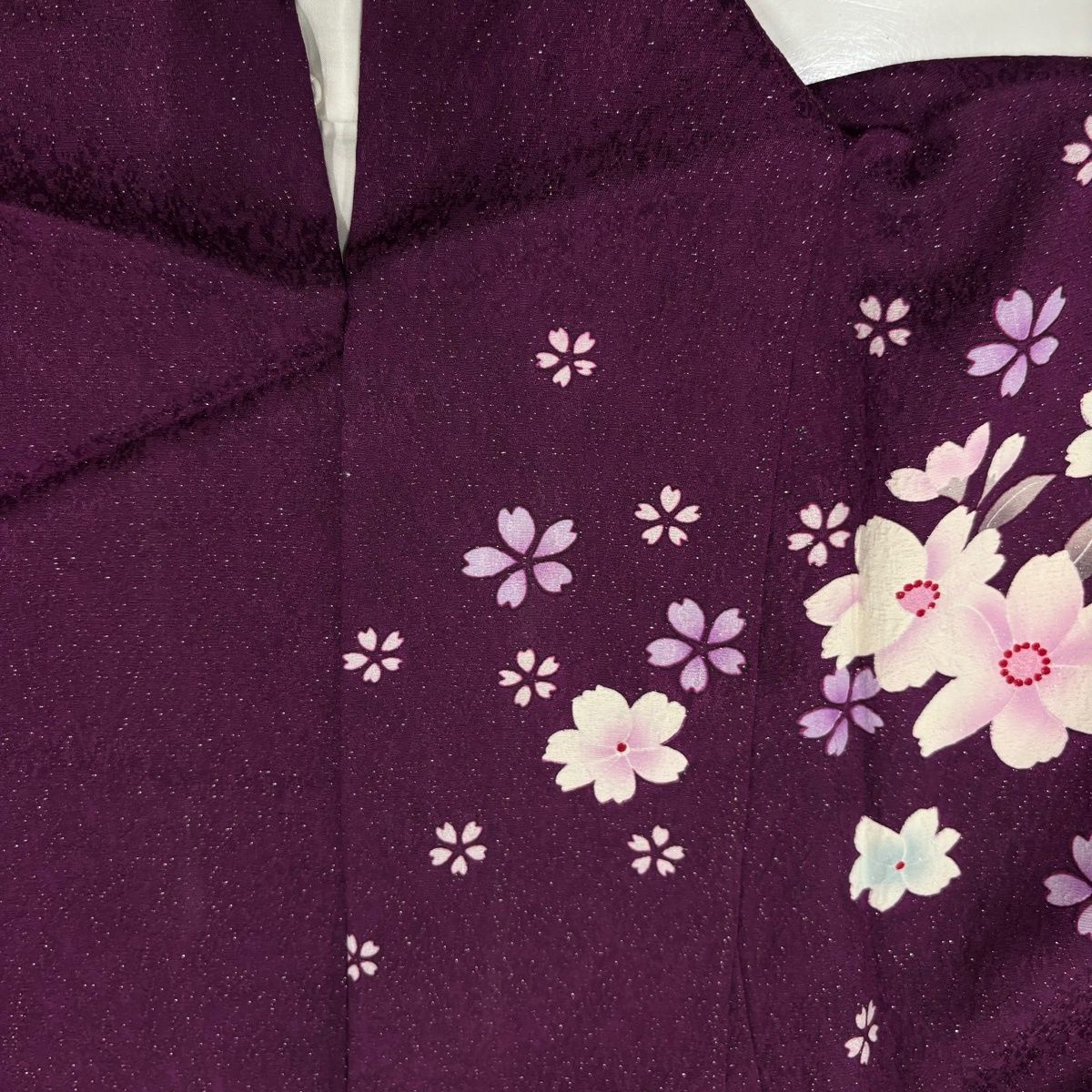 振袖 身丈165cm 裄丈69cm L 袷 桜 花 銀通し 箔 紫 正絹 名品 【中古