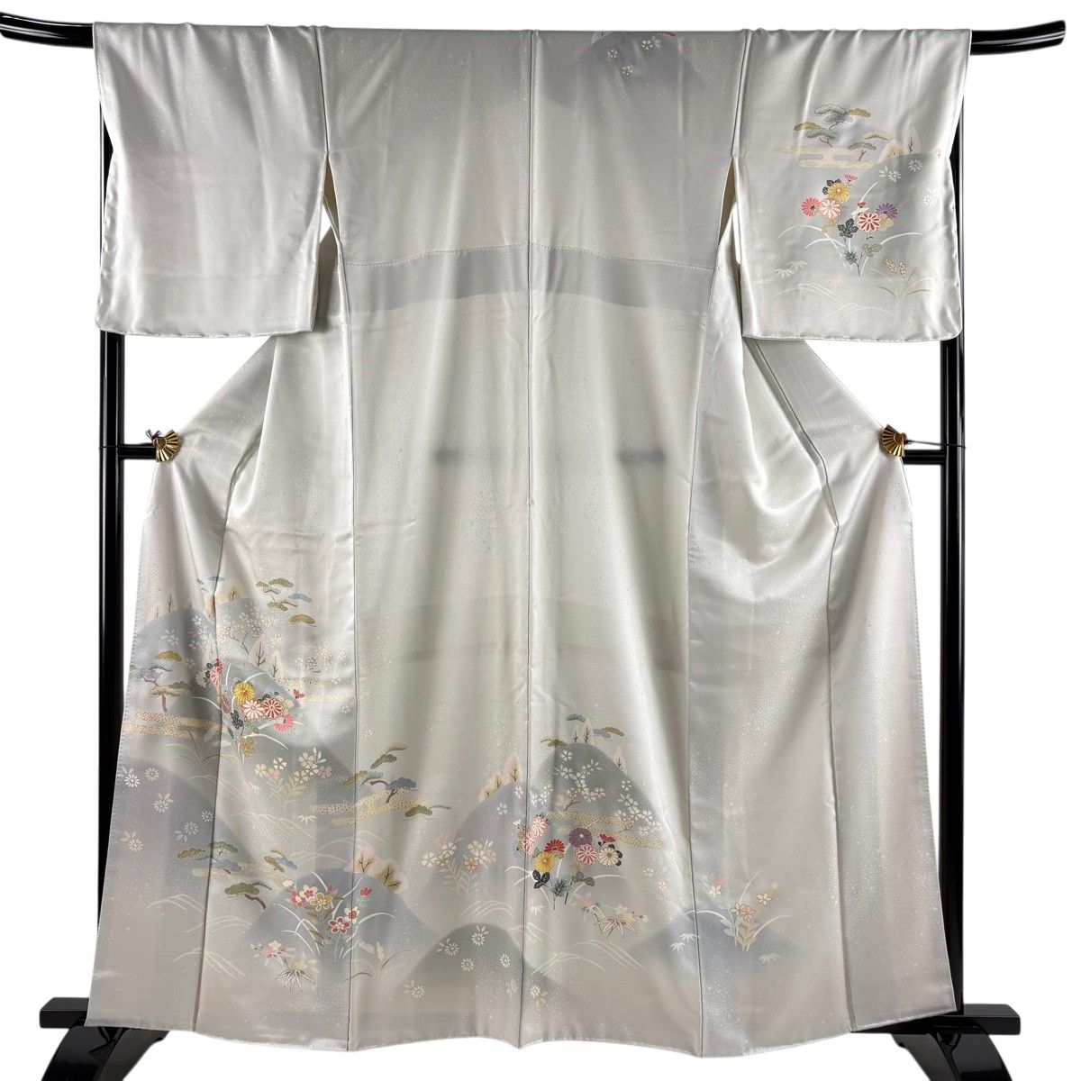 訪問着 身丈160cm 裄丈68cm L 袷 菊 笠松 金糸 金彩 灰白 正絹 秀品 