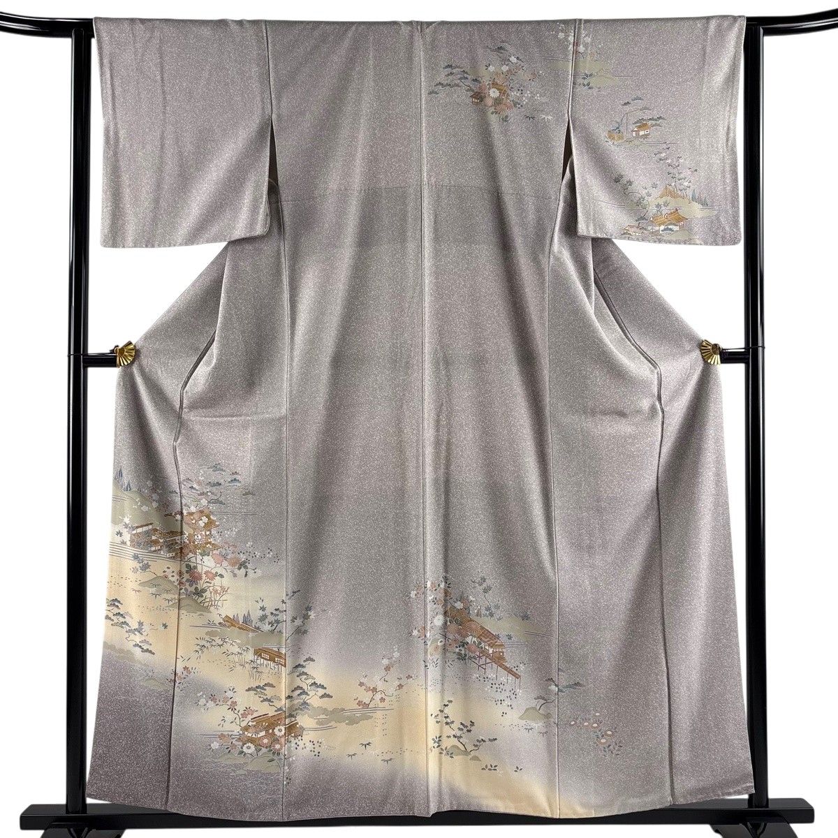 訪問着 身丈157.5cm 裄丈63cm S 袷 松竹梅 建物 灰紫 正絹 秀品 【中古