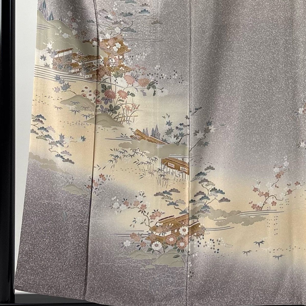 訪問着 身丈157.5cm 裄丈63cm S 袷 松竹梅 建物 灰紫 正絹 秀品 【中古