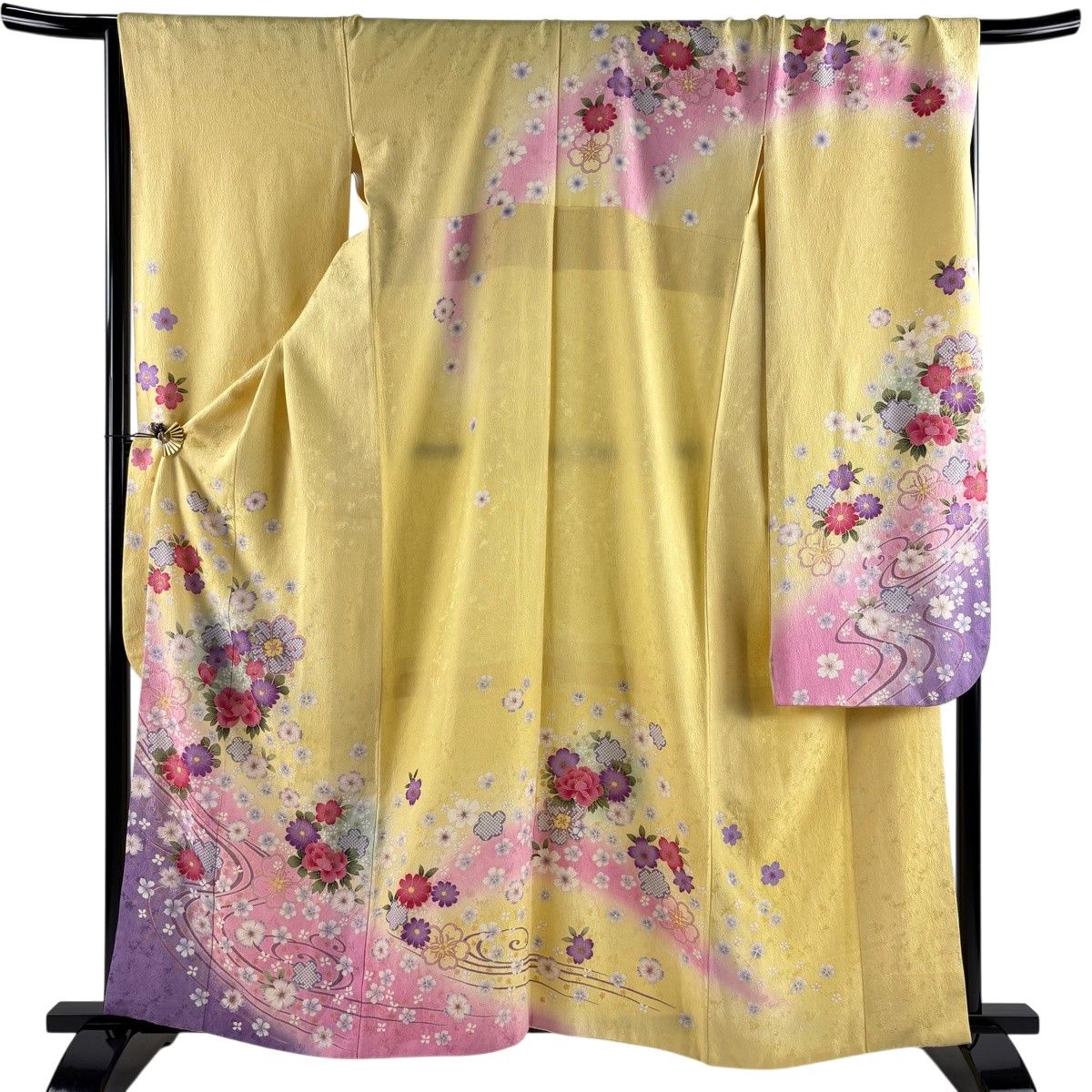 振袖 身丈160cm 裄丈68.5cm L 袷 桜 菊 金彩 ぼかし 黄色 正絹 秀品