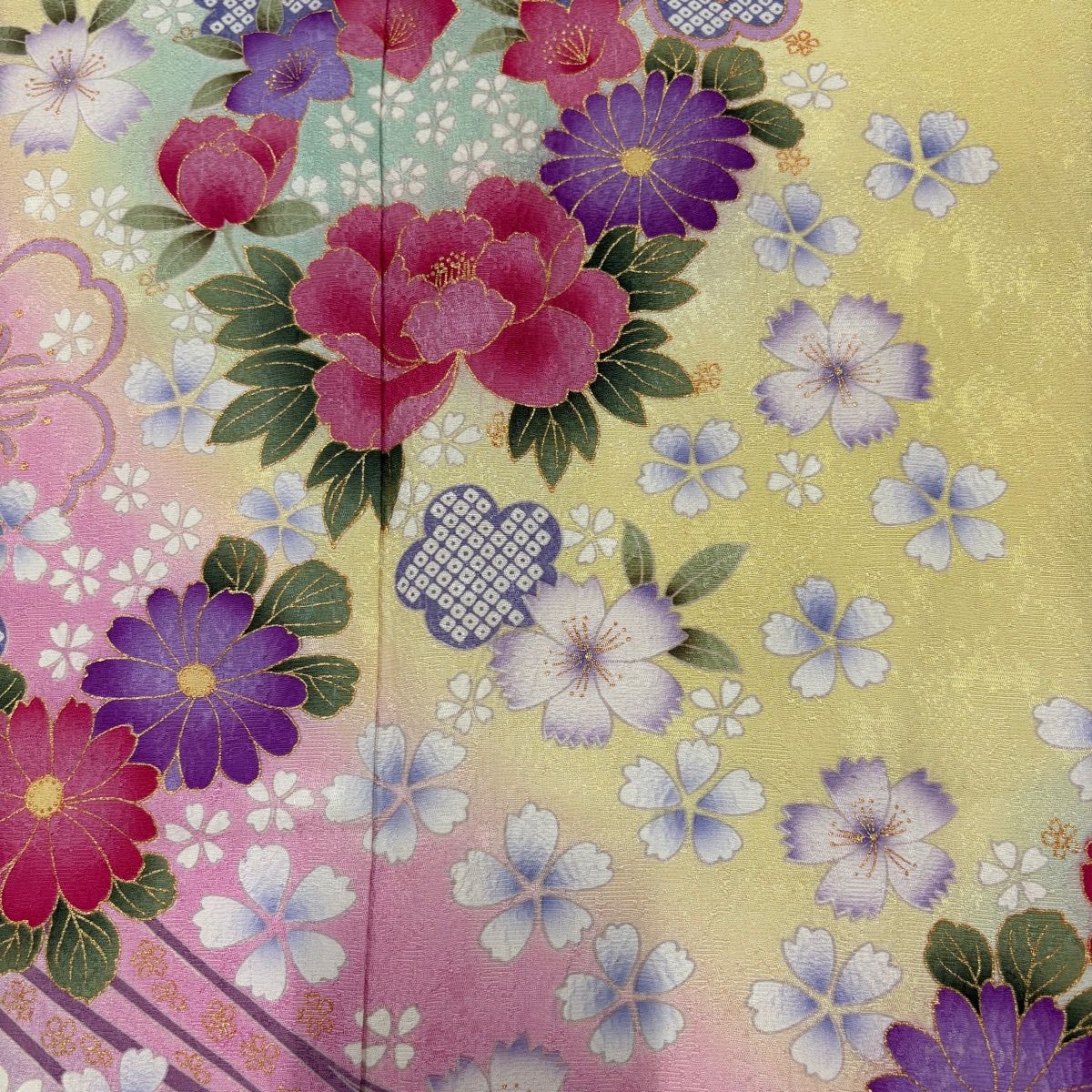 振袖 身丈160cm 裄丈68.5cm L 袷 桜 菊 金彩 ぼかし 黄色 正絹 秀品