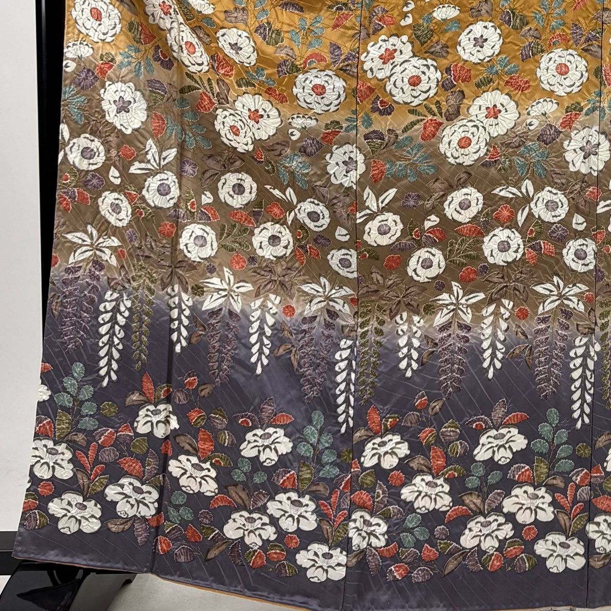 訪問着 身丈165cm 裄丈65cm M 袷 草花 藤 ぼかし 金彩 山吹茶色 正絹