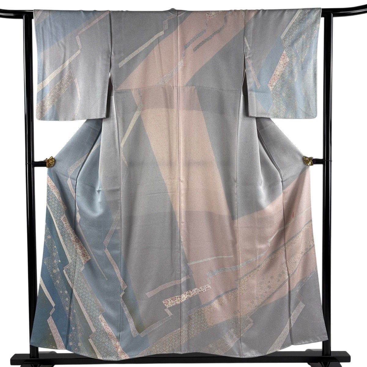 美品】 訪問着 身丈155cm 裄丈62cm S 袷 草花 幾何学模様 金彩 青灰色
