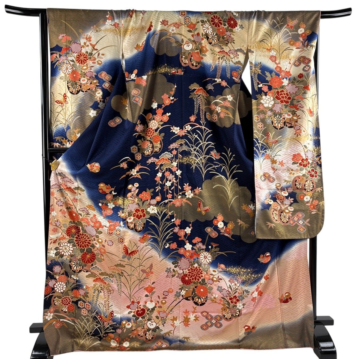 振袖 身丈173cm 裄丈67.5cm L 袷 花車 鴛鴦 金糸 金彩 紺色 正絹 秀品