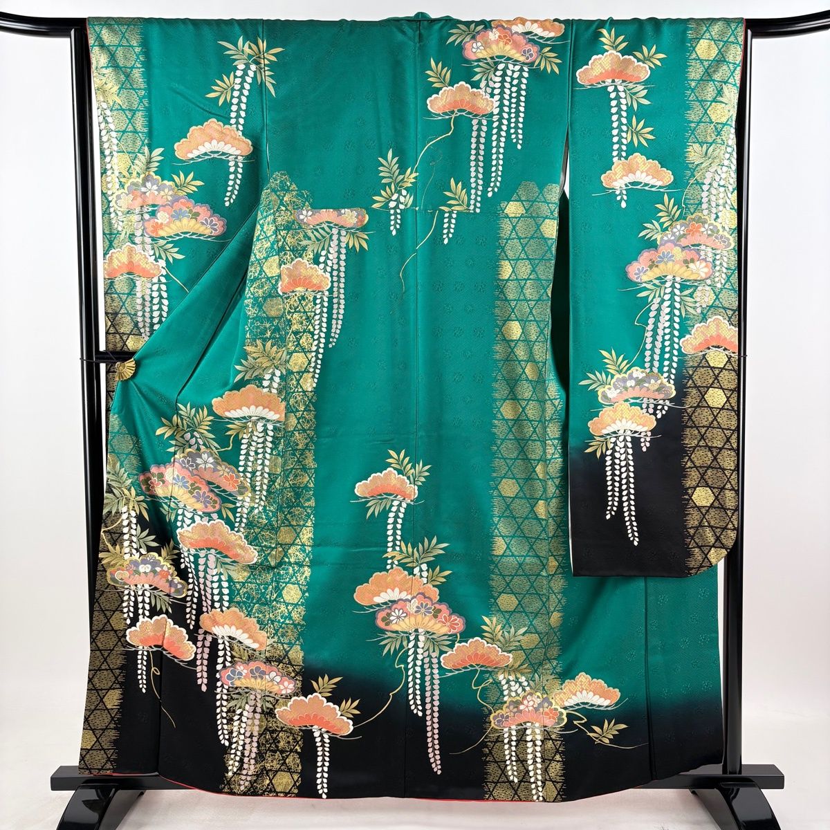 美品】 振袖 身丈159cm 裄丈65.5cm M 袷 袋帯フルセット 松 桜 金彩