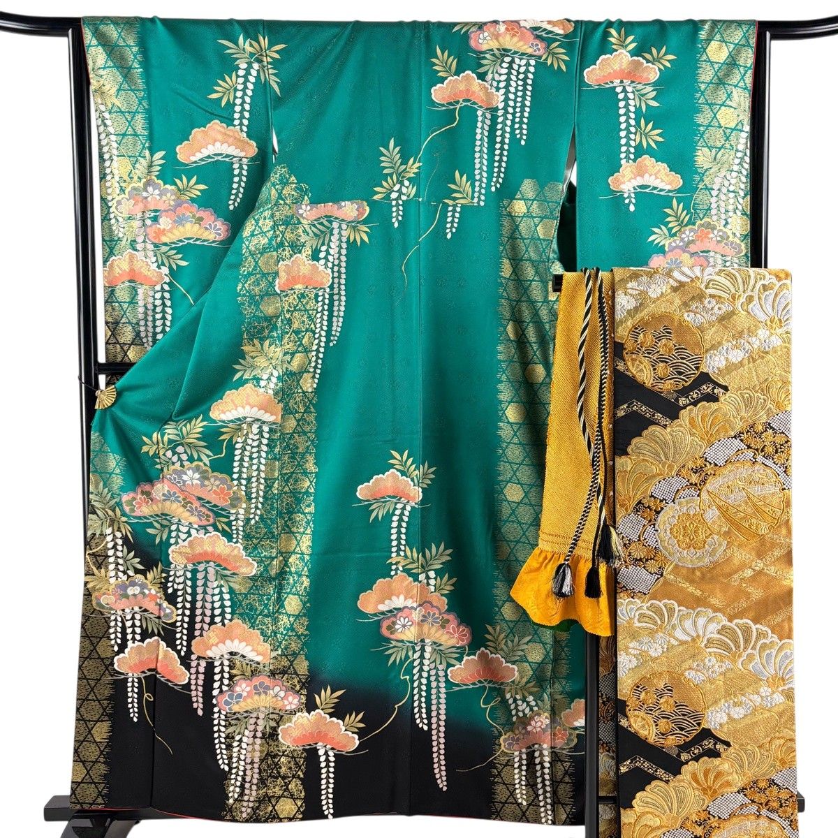 連休セール！振袖フルセット　身丈159cm、裄丈65cm 美品】 振袖 身丈159cm 裄丈65.5cm M 袷 袋帯フルセット 松 桜 金彩