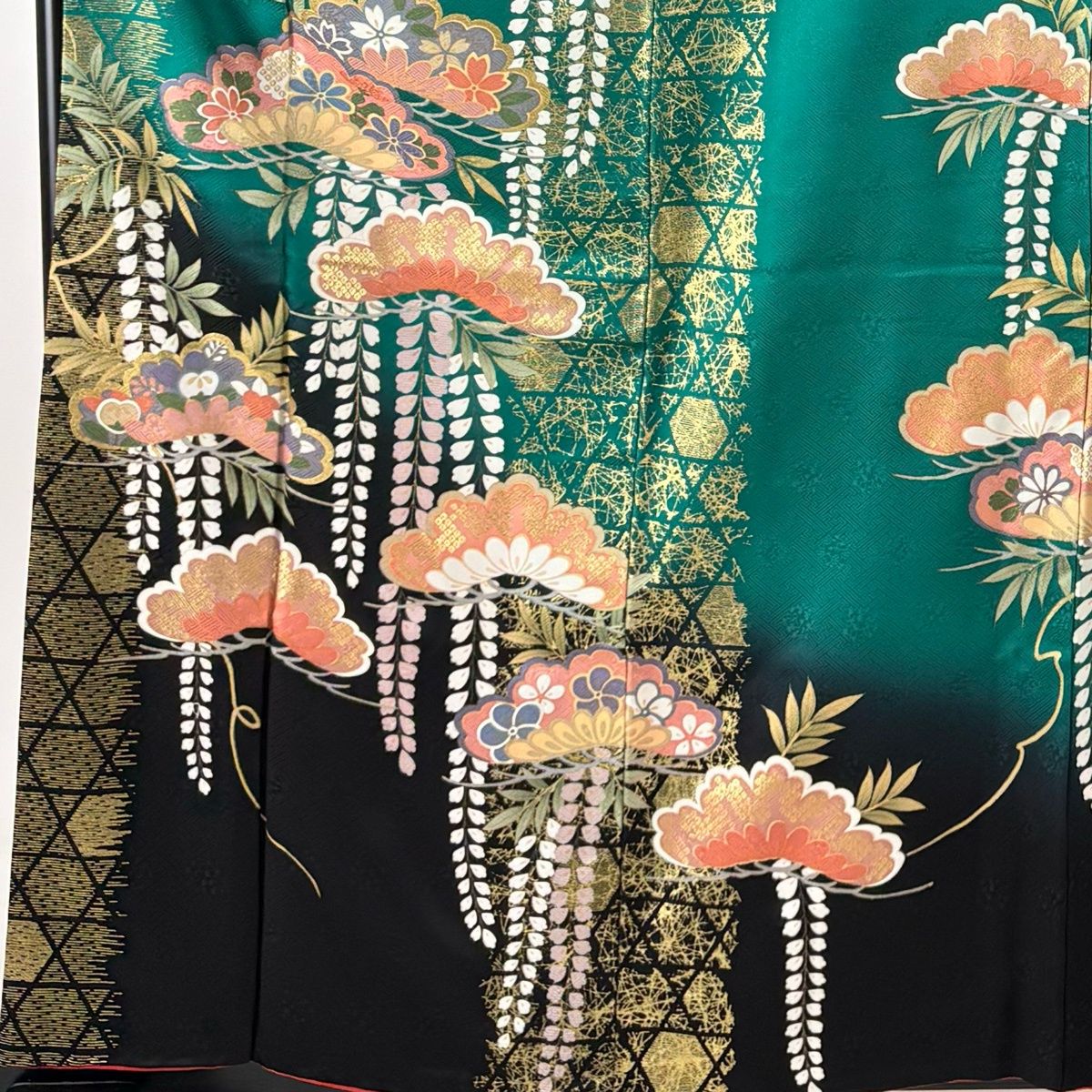 美品】 振袖 身丈159cm 裄丈65.5cm M 袷 袋帯フルセット 松 桜 金彩