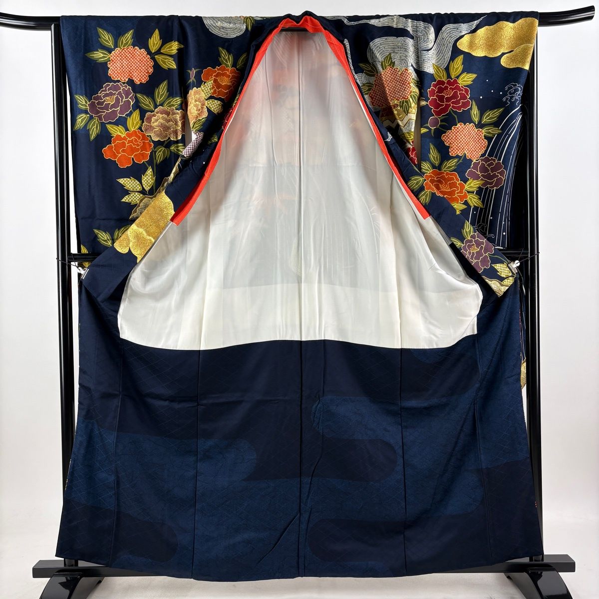 美品】 振袖 身丈161cm 裄丈66cm M 袷 千總 牡丹 滝 金銀彩 紺色 正絹