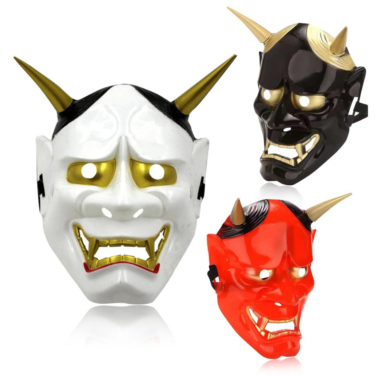 珍お面　ハンドメイド(鬼娘風) ハンドメイド お面 コスプレ 3個セット 黒鬼 ハロウィン 白鬼