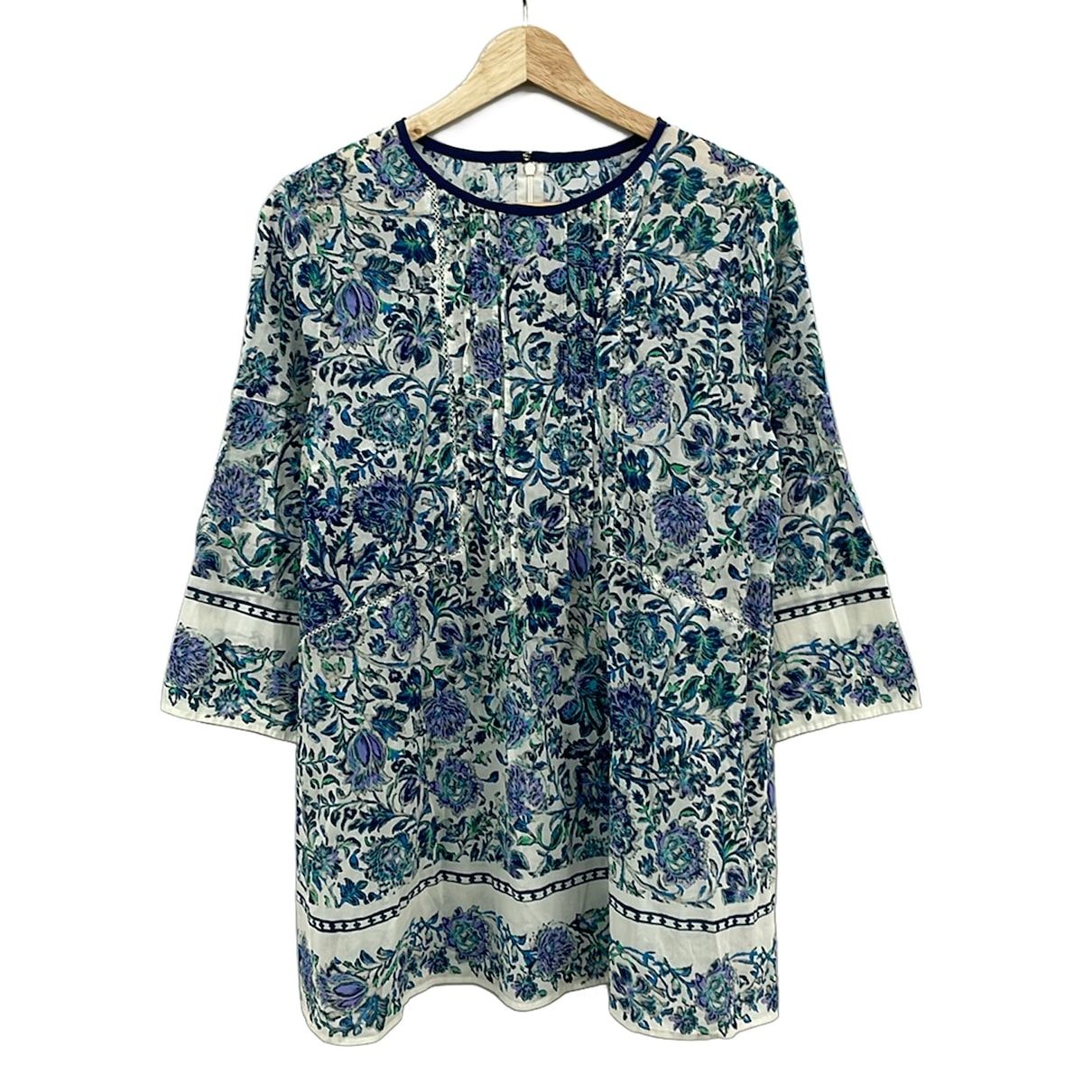 新品 Leilian レリアン 花柄 チュニック 七分袖 ブルー 春夏 さらっと Leilian(レリアン) チュニック サイズ11 M レディース美品 - 白×ブルー