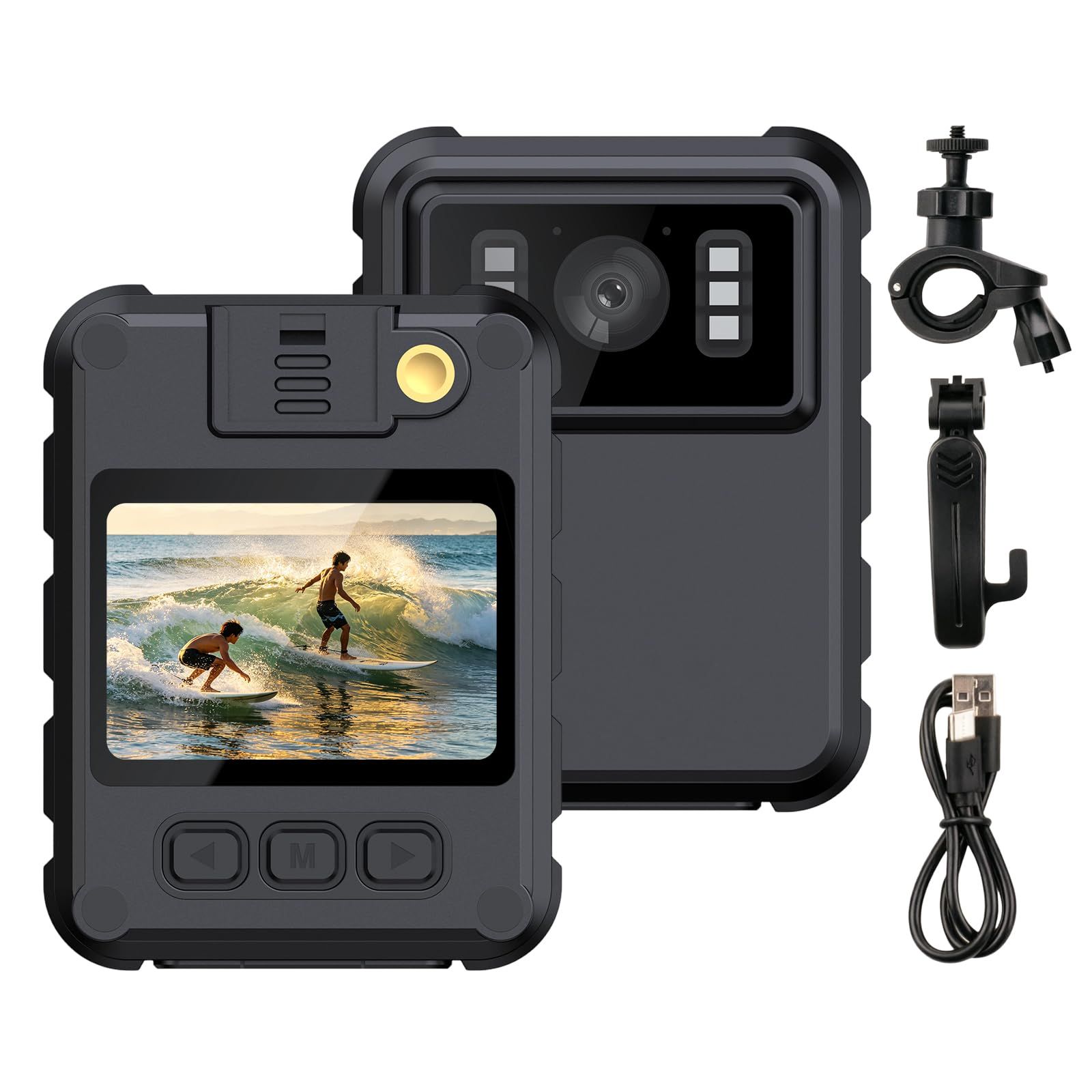 1080P 防水 ボディカメラ 小型軽量 業務用ウェアラブルカメラ 180度回転クリップ 1200万画素 防塵防滴 130°広角 最大128GB対応 警察・警備・配送・介護・接客用 録音機能付き 自動録画 ループ録画 日本語説明書付きpms