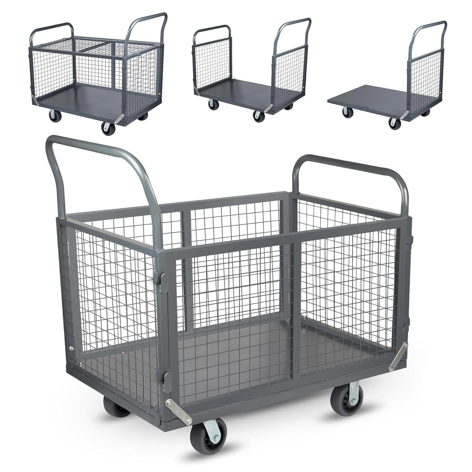 新商品 耐荷重800KG メッシュ大型カゴカート カゴ付き運搬車 折りたたみ式 メッシュ折り畳み大型カゴ台車 多機能運搬車 業務用・家庭用網籠車 手押しカート ショッピングカート 3IN1 静音 100x60cm大容量積載面 簡単組み立て 引越し 買い物 Lo