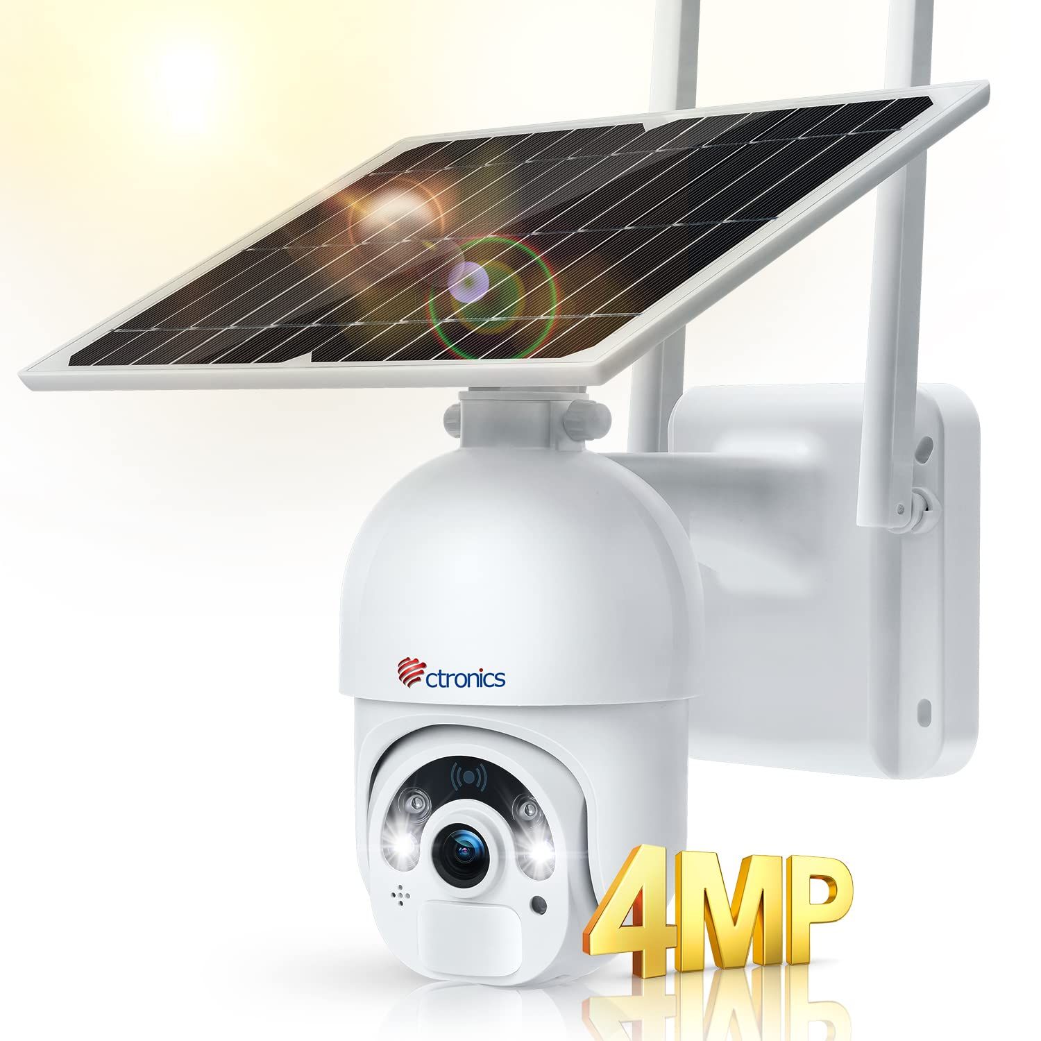 【PC対応】Ctronics 2.5K 4MP 防犯カメラ 屋外 ソーラー ナイトカラー 発光威嚇 0.2sヒューマン検知 警報通知 FTP対応 5DBi高性能アンテナー 複数台一括管理 家族共有 スマホ連動 電源不要 配線不要 パンチルト 双方向通話 pms