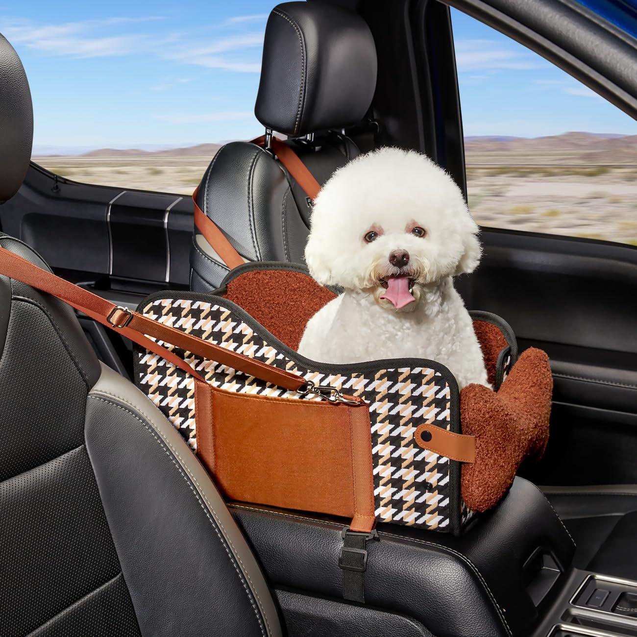 【桜の木の下、ペットとの待ち合わせ】3way 犬ドライブボックス ベッド 車 コンソールボックス ペットキャリー 犬 車 シート アームレスト 飛び出し防止 型崩れしない リード付き ハーネス 折り畳み 犬 猫 キャリーバッグ 車用ベッド ペットカーシートJu