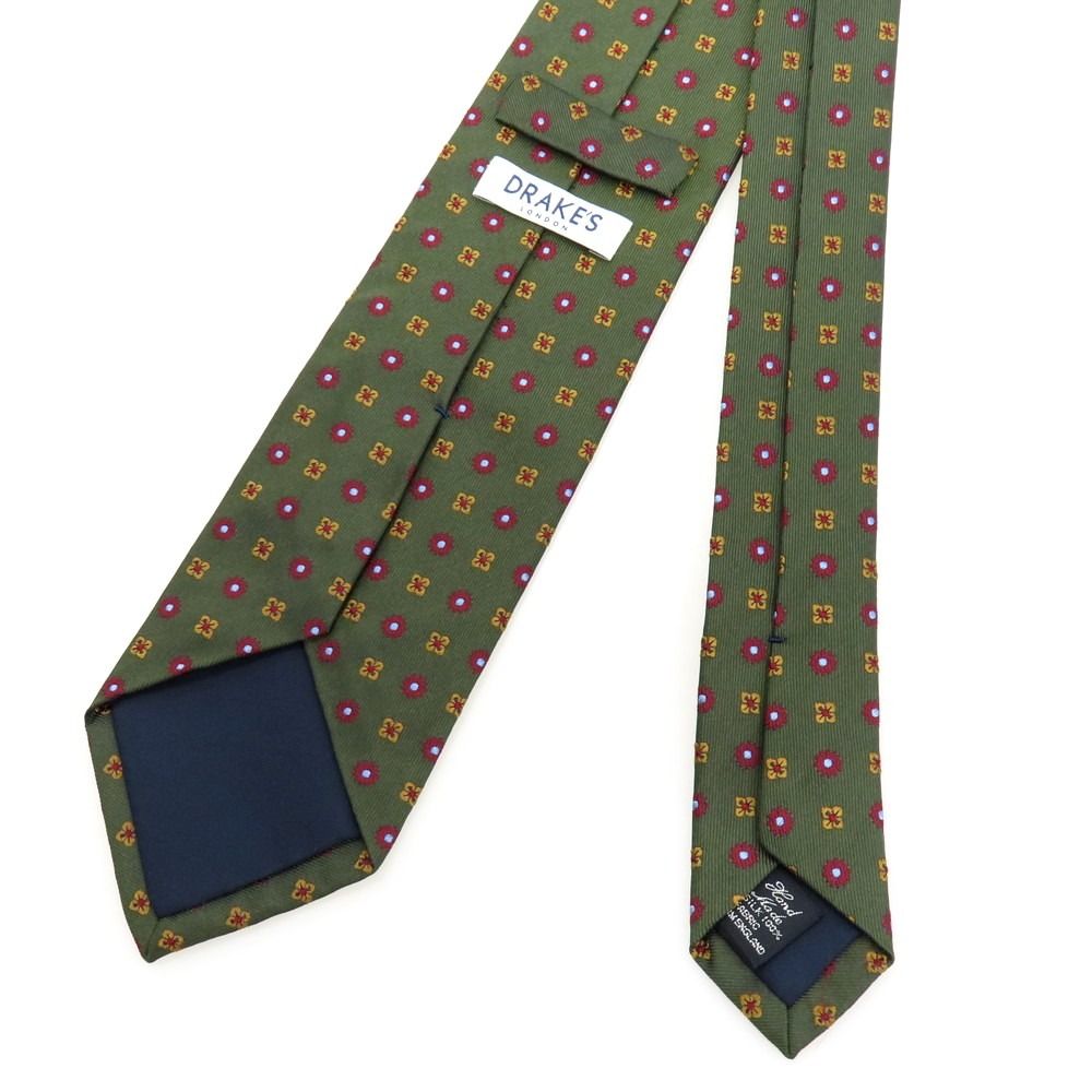 中古】ドレイクス DRAKES シルク 小紋柄ネクタイ ダークオリーブ