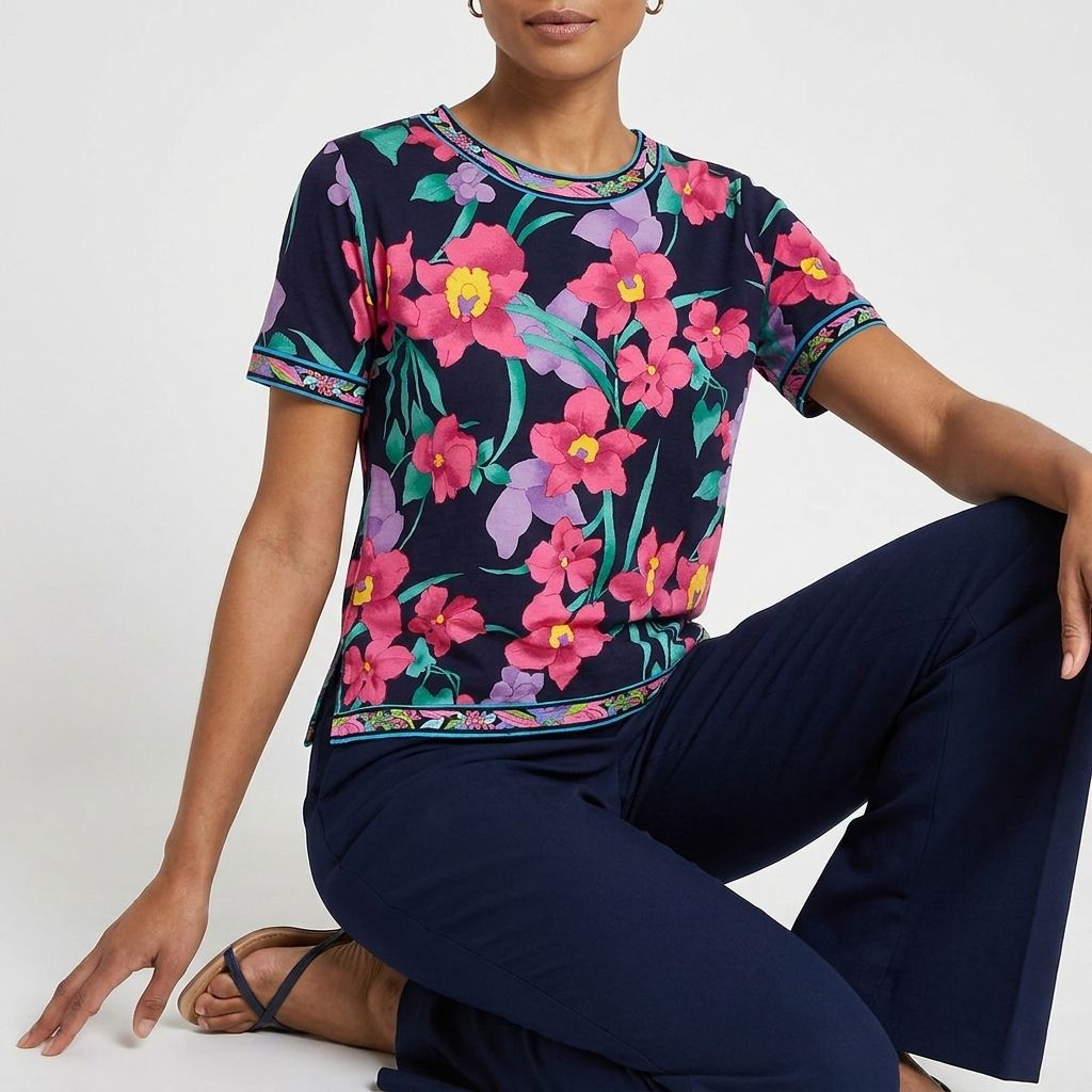 LEONARD FASHION 花柄 半袖カットソー ネイビー 花柄 半袖カットソー ネイビー系 コットン100% レオナール好きにも