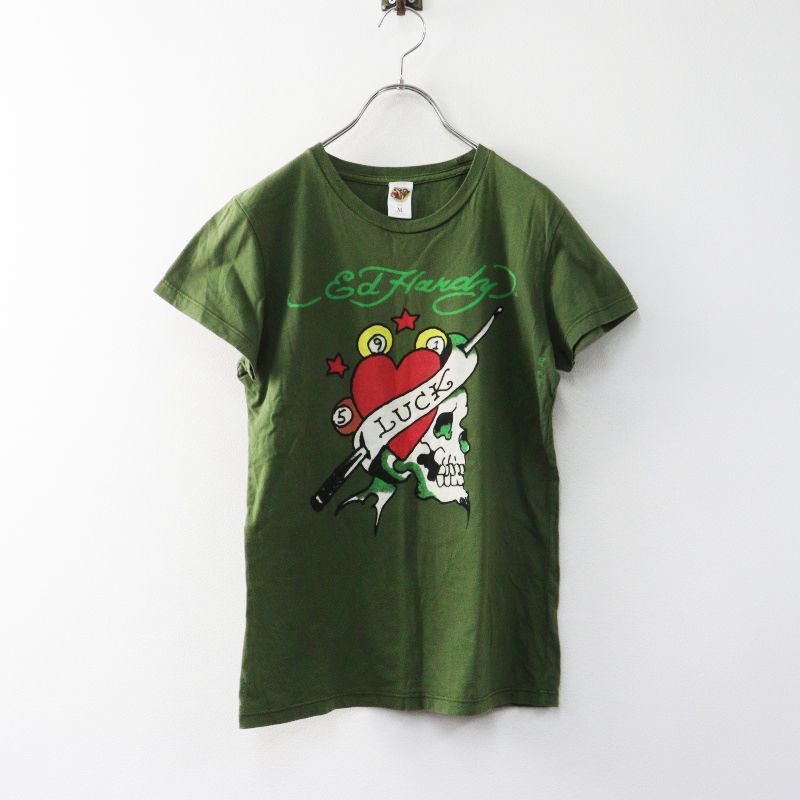 00s USA製 エドハーディ Ed Hardy スカルデザイン Tシャツ M｜グリーン