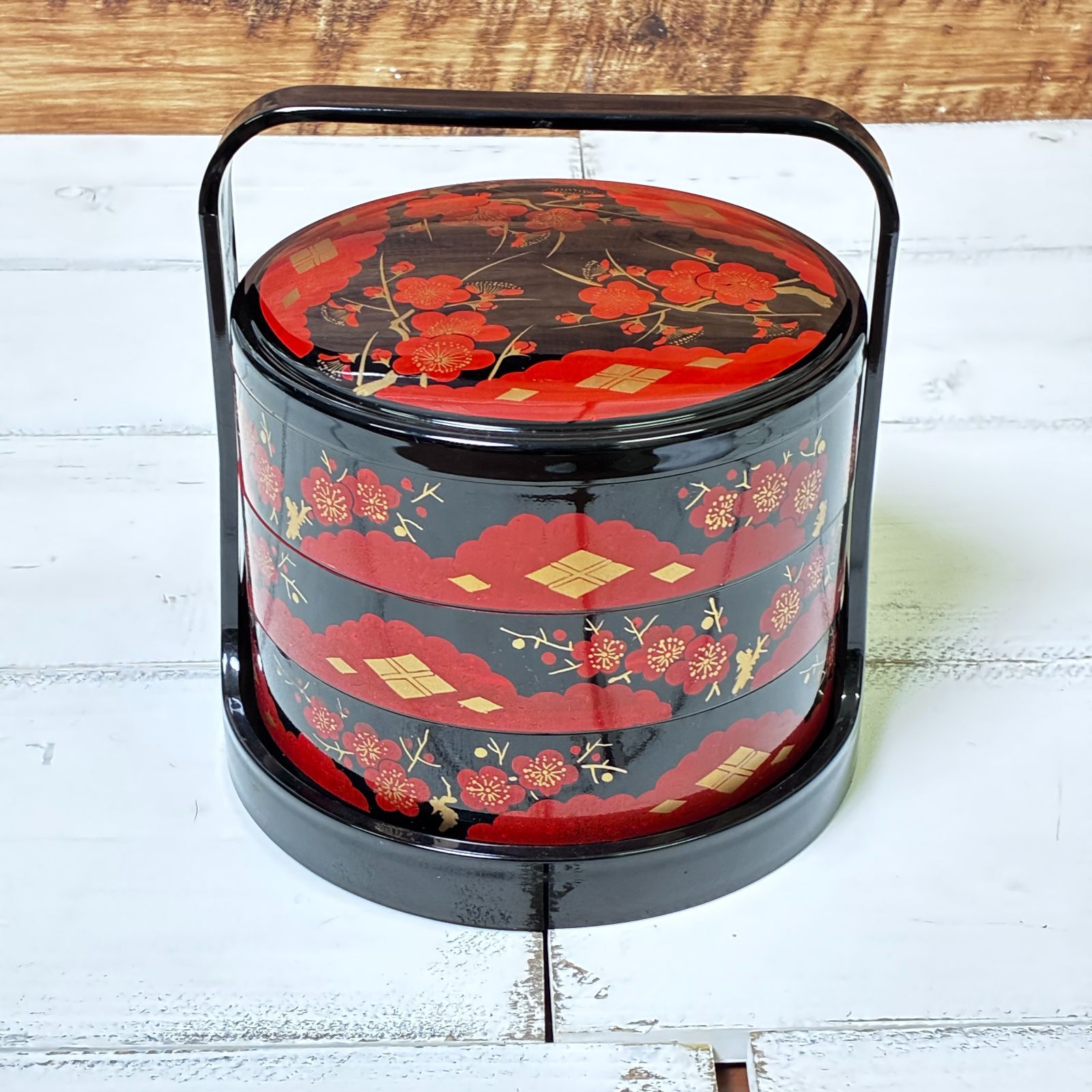 手提げ 三段重箱 提重 紅梅 金蒔絵 黒×朱 漆器 花見 行楽 お重 - メルカリ