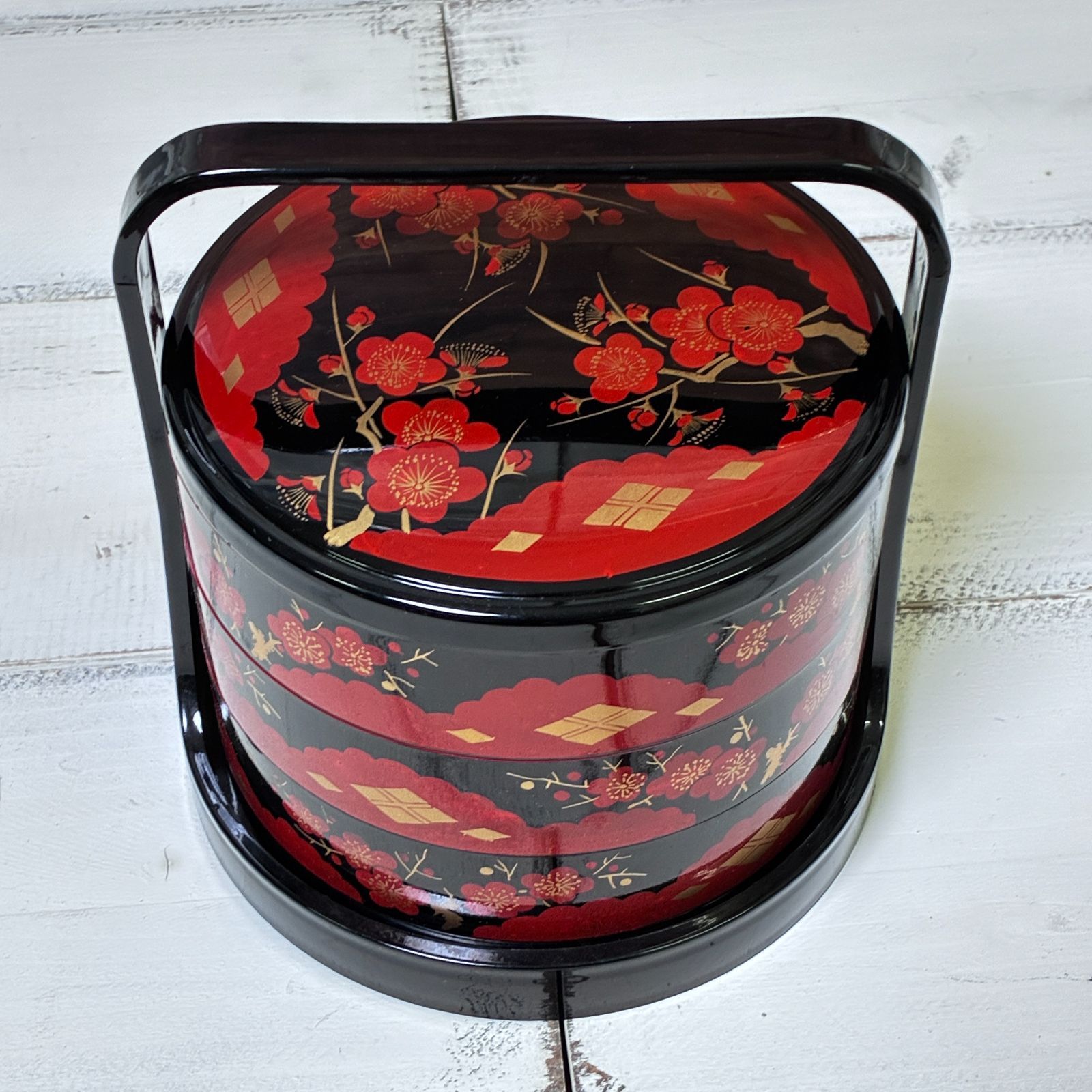 手提げ 三段重箱 提重 紅梅 金蒔絵 黒×朱 漆器 花見 行楽 お重 - メルカリ