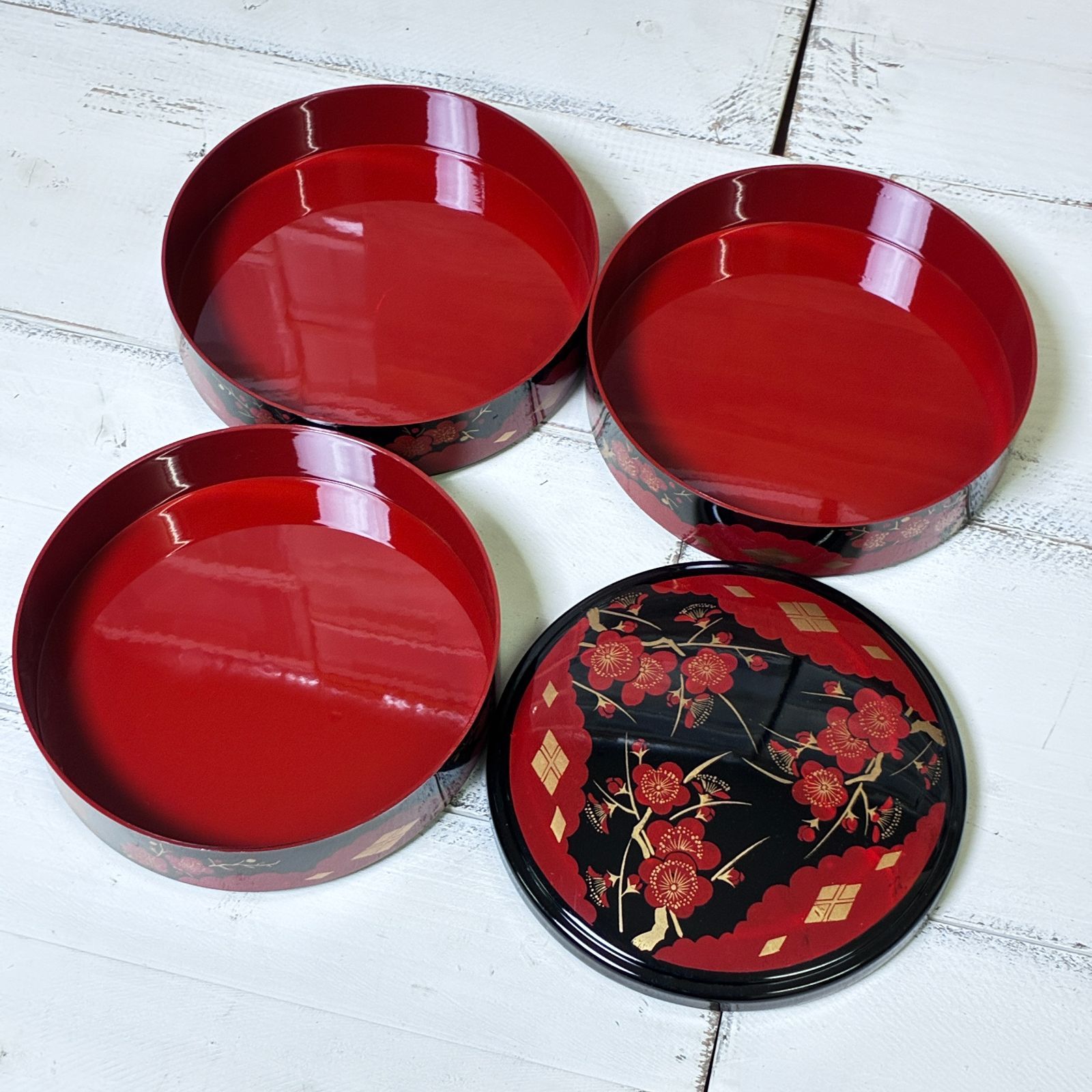 手提げ 三段重箱 提重 紅梅 金蒔絵 黒×朱 漆器 花見 行楽 お重 - メルカリ