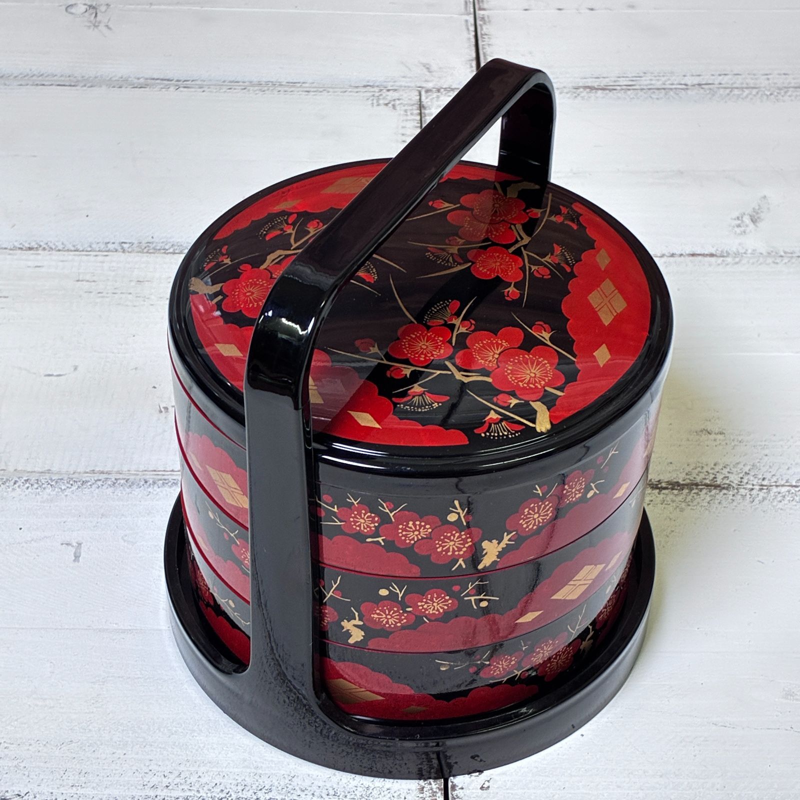 手提げ 三段重箱 提重 紅梅 金蒔絵 黒×朱 漆器 花見 行楽 お重 - メルカリ