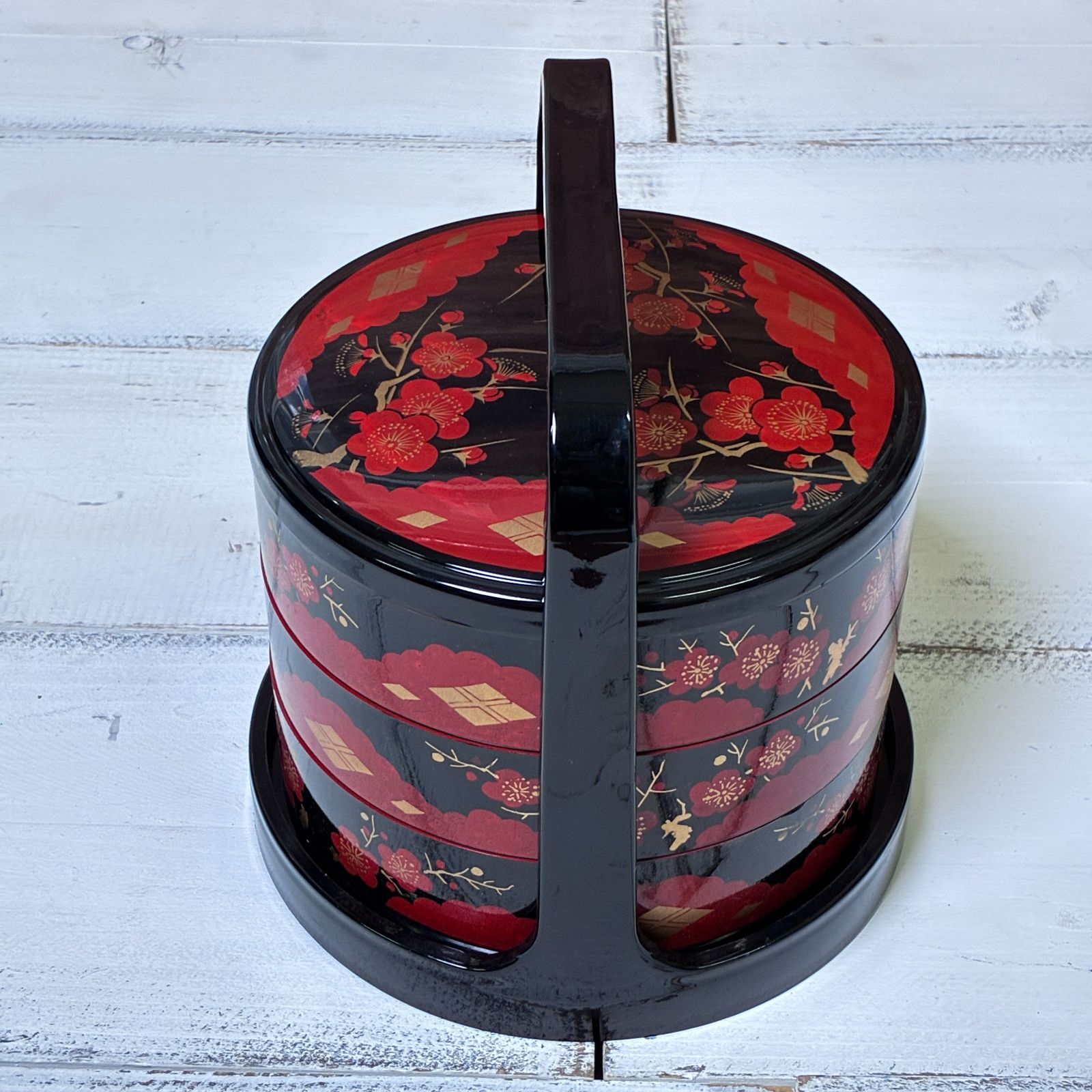 手提げ 三段重箱 提重 紅梅 金蒔絵 黒×朱 漆器 花見 行楽 お重 - メルカリ