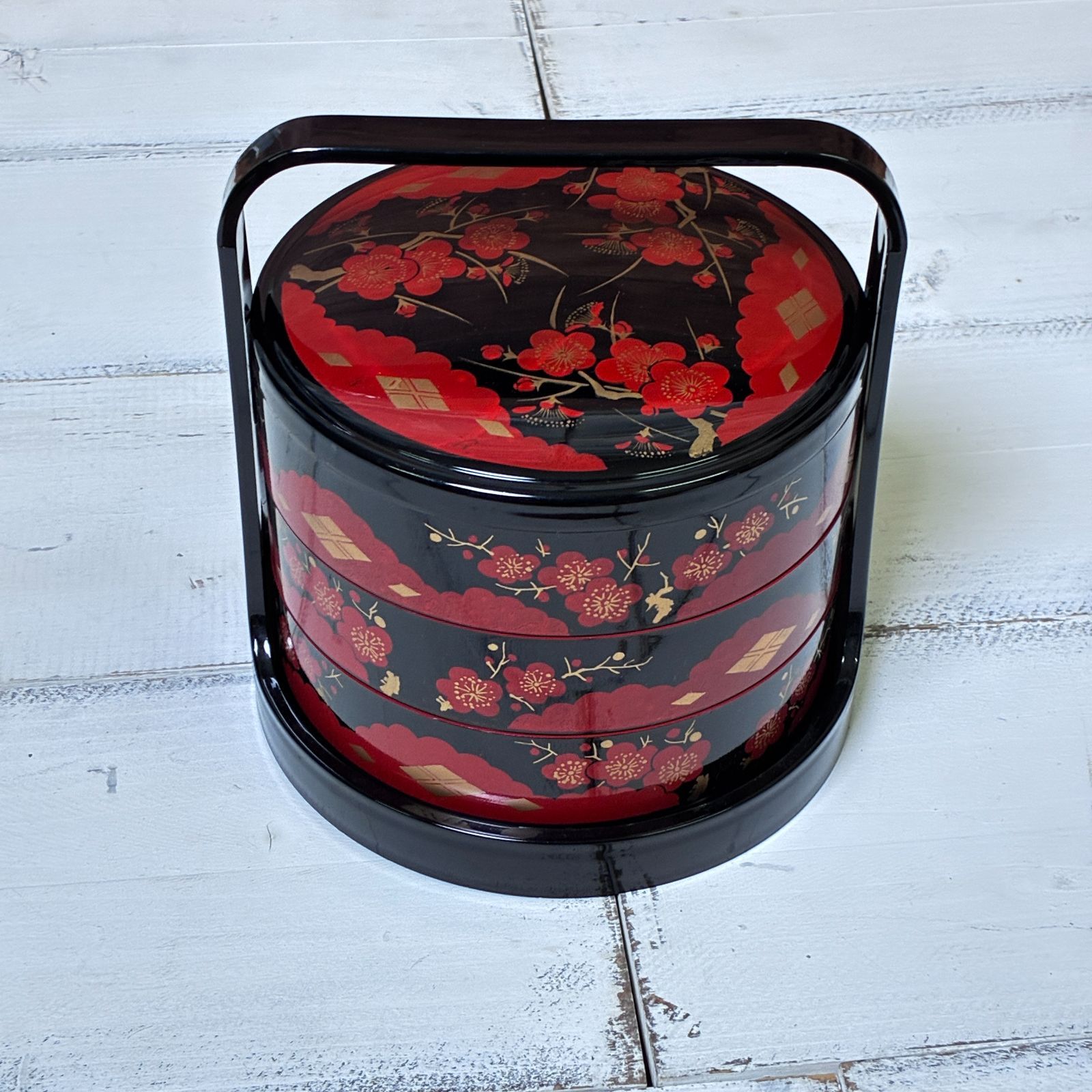手提げ 三段重箱 提重 紅梅 金蒔絵 黒×朱 漆器 花見 行楽 お重 - メルカリ