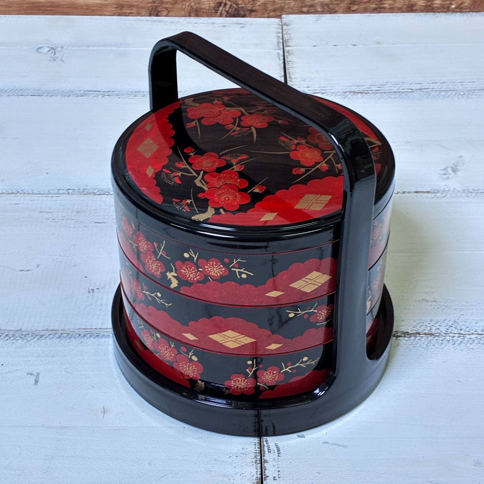 手提げ 三段重箱 提重 紅梅 金蒔絵 黒×朱 漆器 花見 行楽 お重 - メルカリ
