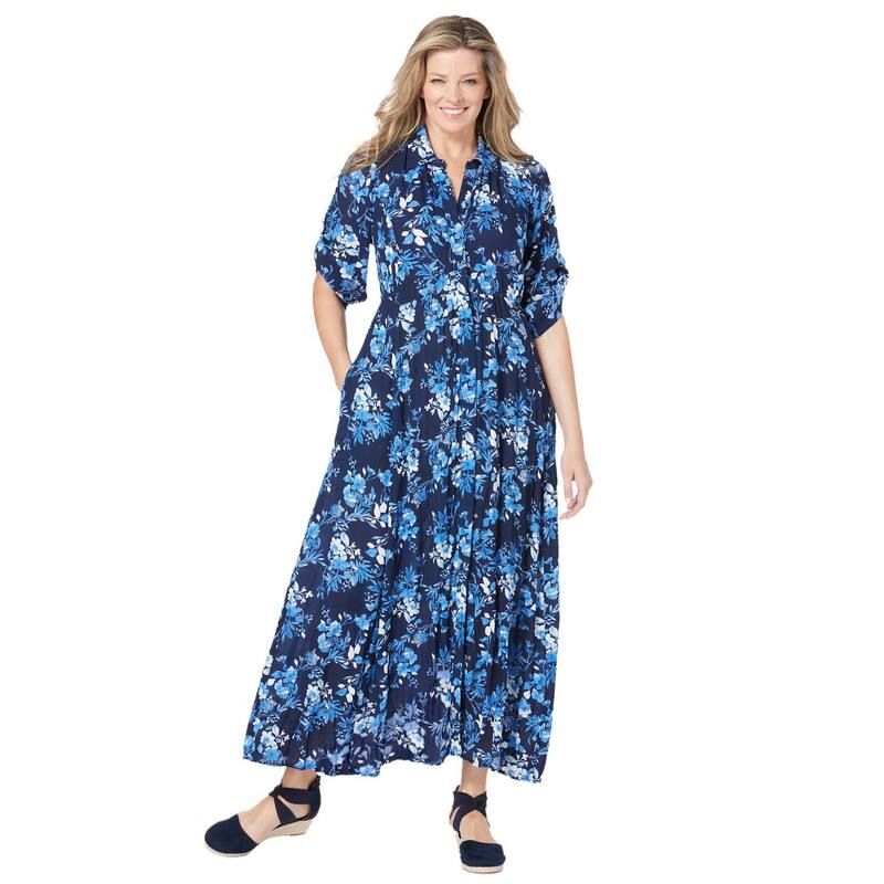 ウーマン ウィズイン レディース トップス ワンピース プラスサイズ シャツ Woman Within Plusize RollTab Sleeve Crinkle Shirtdress Navy P