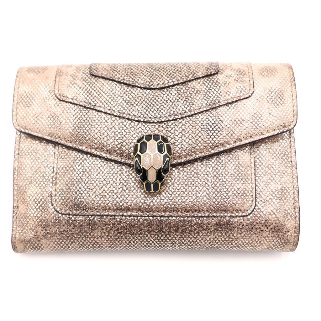 BVLGARI (ブルガリ) セルペンティ カルングスキン メタリック 二つ折り財布 コンパクトウォレット ベージュ 291331