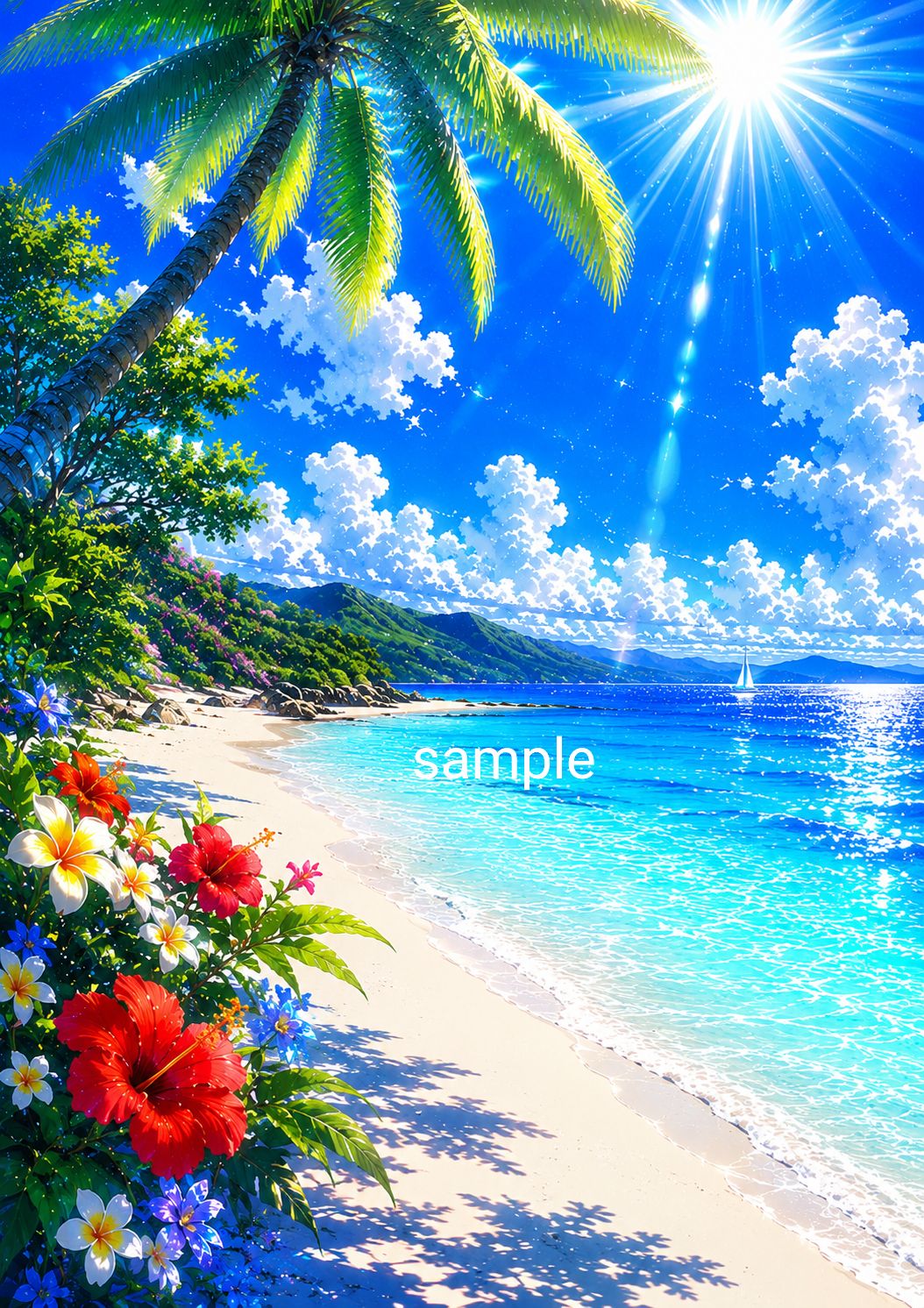南国の白い砂浜とエメラルドブルーの海～眩しい夏の楽園風景アート